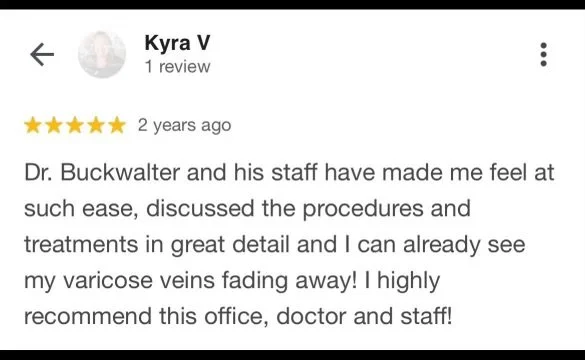Five-star patient review, describing positive experience with the doctor's care and professionalism in the treatment of varicose veins.