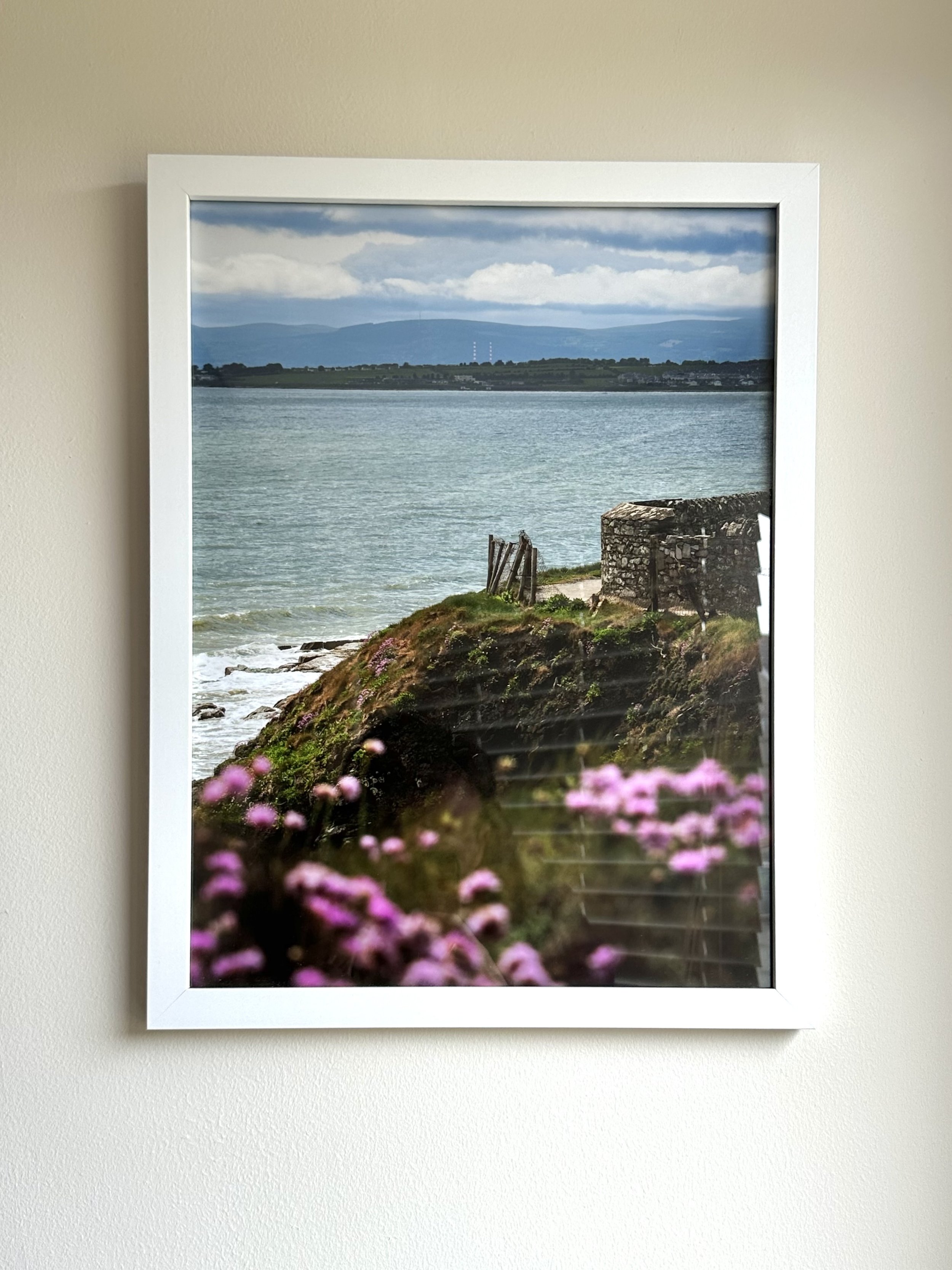 Framed photograph of a coastal scene with purple flowers in the foreground, rocky shoreline, calm water, green hills, and distant mountains under a cloudy sky.