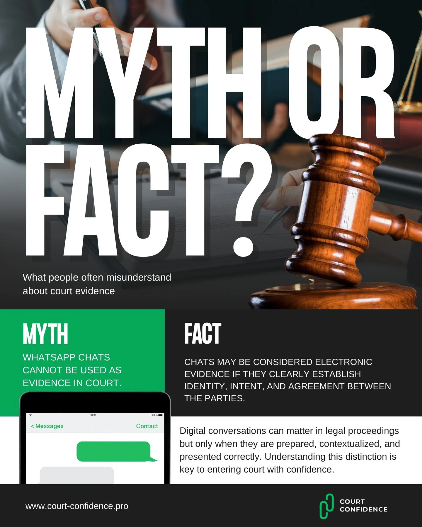 Understanding evidence is the first step toward courtroom confidence.

Myth vs Fact: Courtroom evidence isn&rsquo;t always what people assume.

Digital chats are often dismissed or misunderstood in legal settings. In reality, what matters is how info