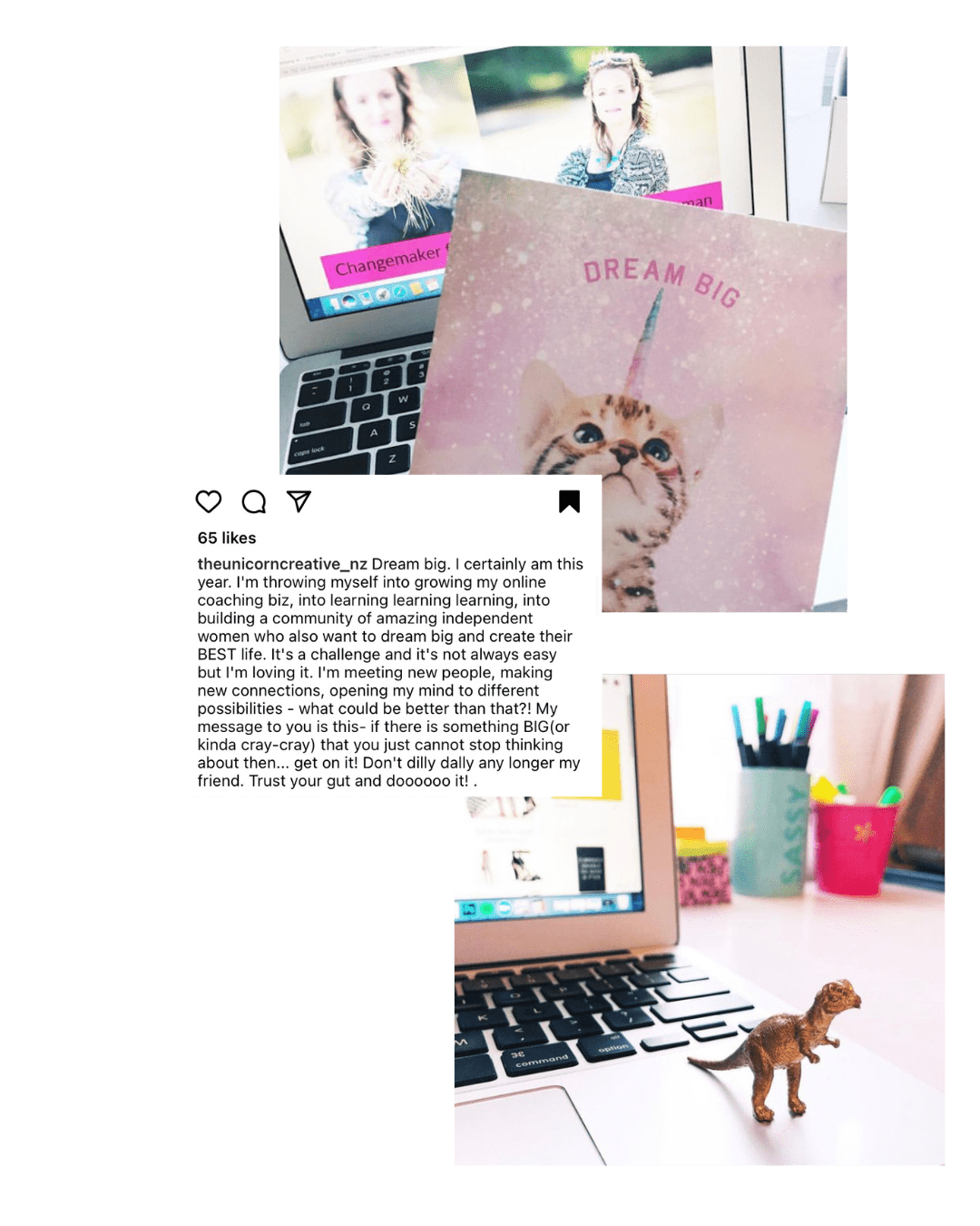 A collage of images including a laptop with photographs on the screen, a pink card with a kitten and the words 'Dream Big,' a cup filled with colored markers, and a small model of a dinosaur, accompanied by an Instagram post about dreaming big and building an online coaching business.