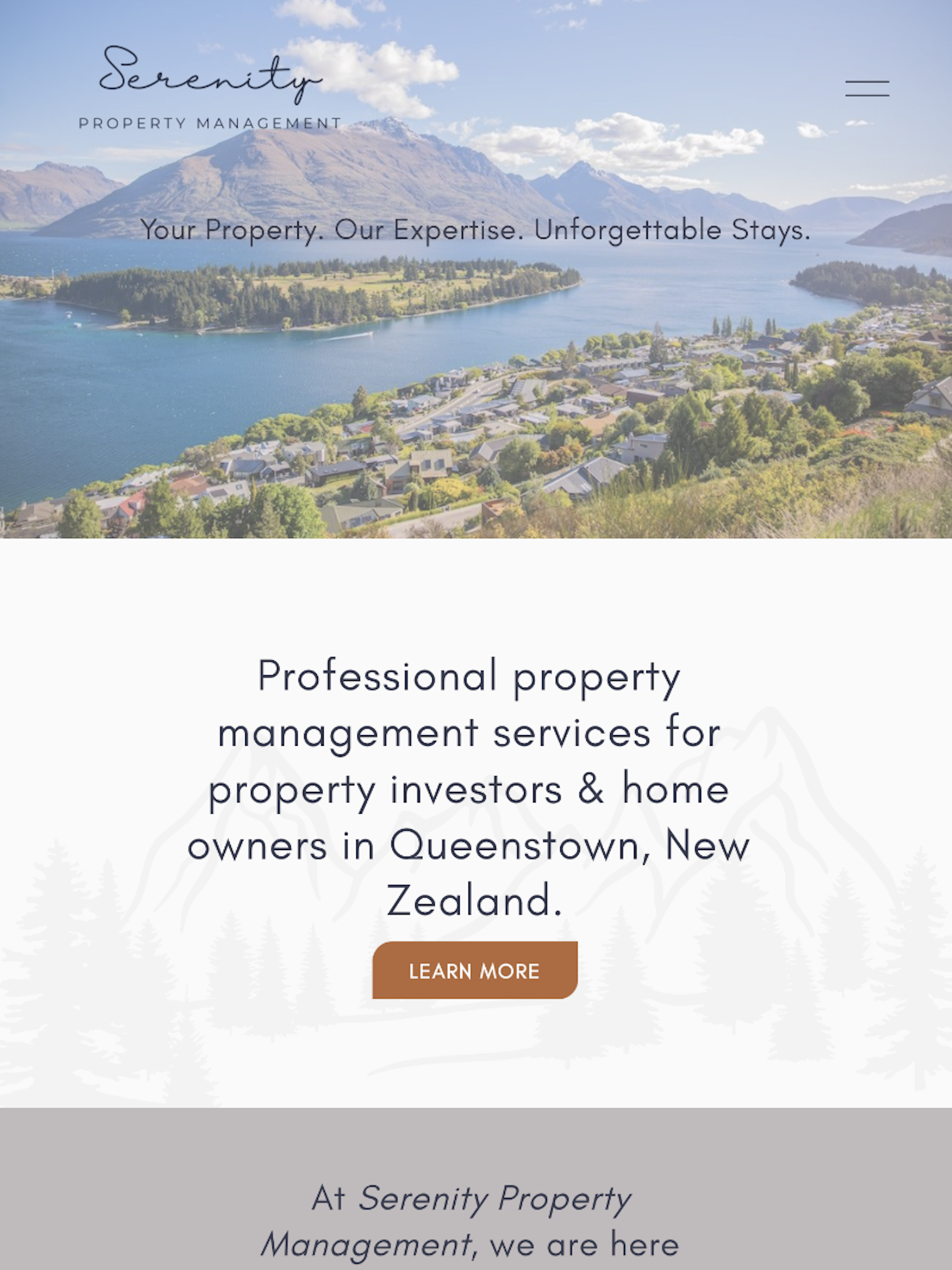 Website homepage for Serenity Property Management featuring a scenic view of a mountain, lake, and town in Queenstown, New Zealand, with navigation and call-to-action buttons.