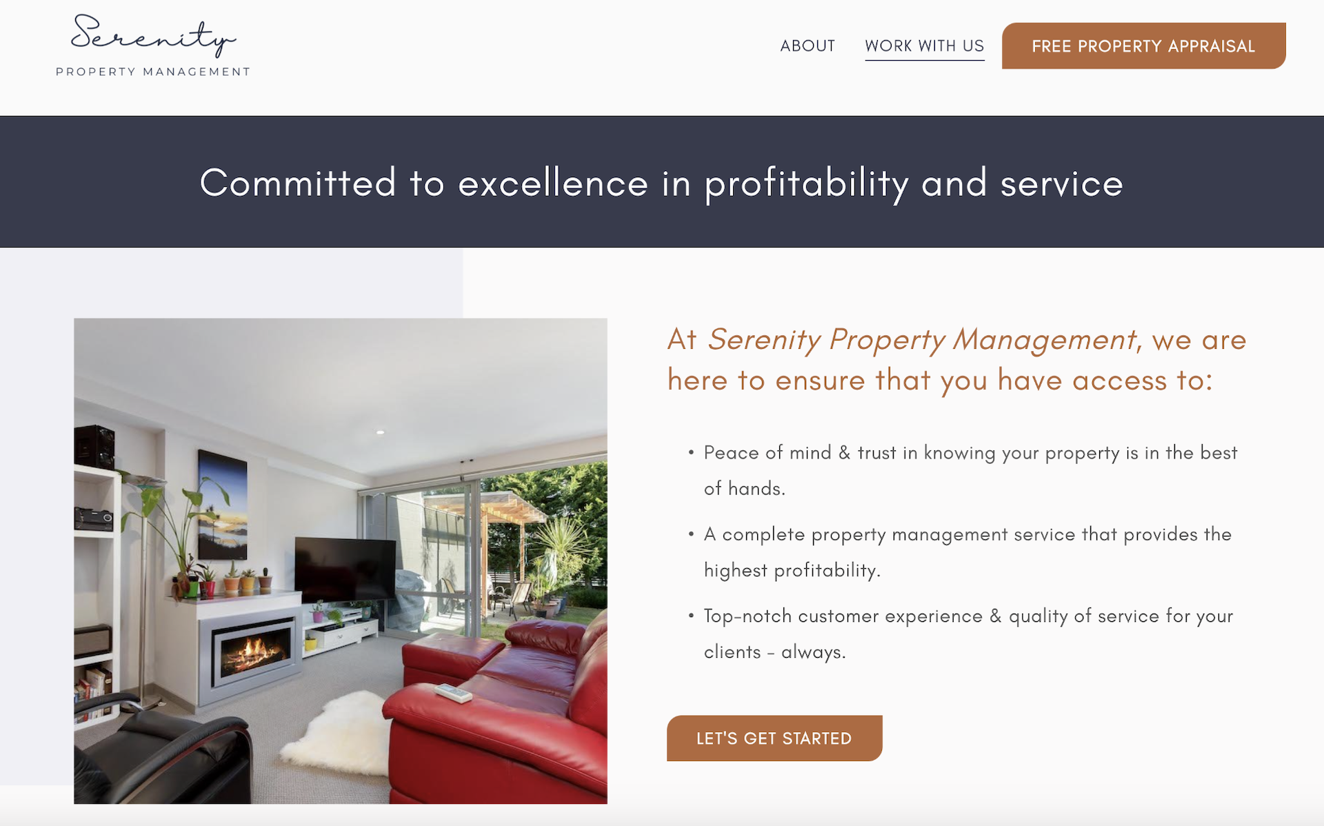 Screenshot of Serenity Property Management website showing a living room with a red sofa, a black armchair, a fireplace, a TV, and sliding glass doors leading to an outdoor patio with greenery.