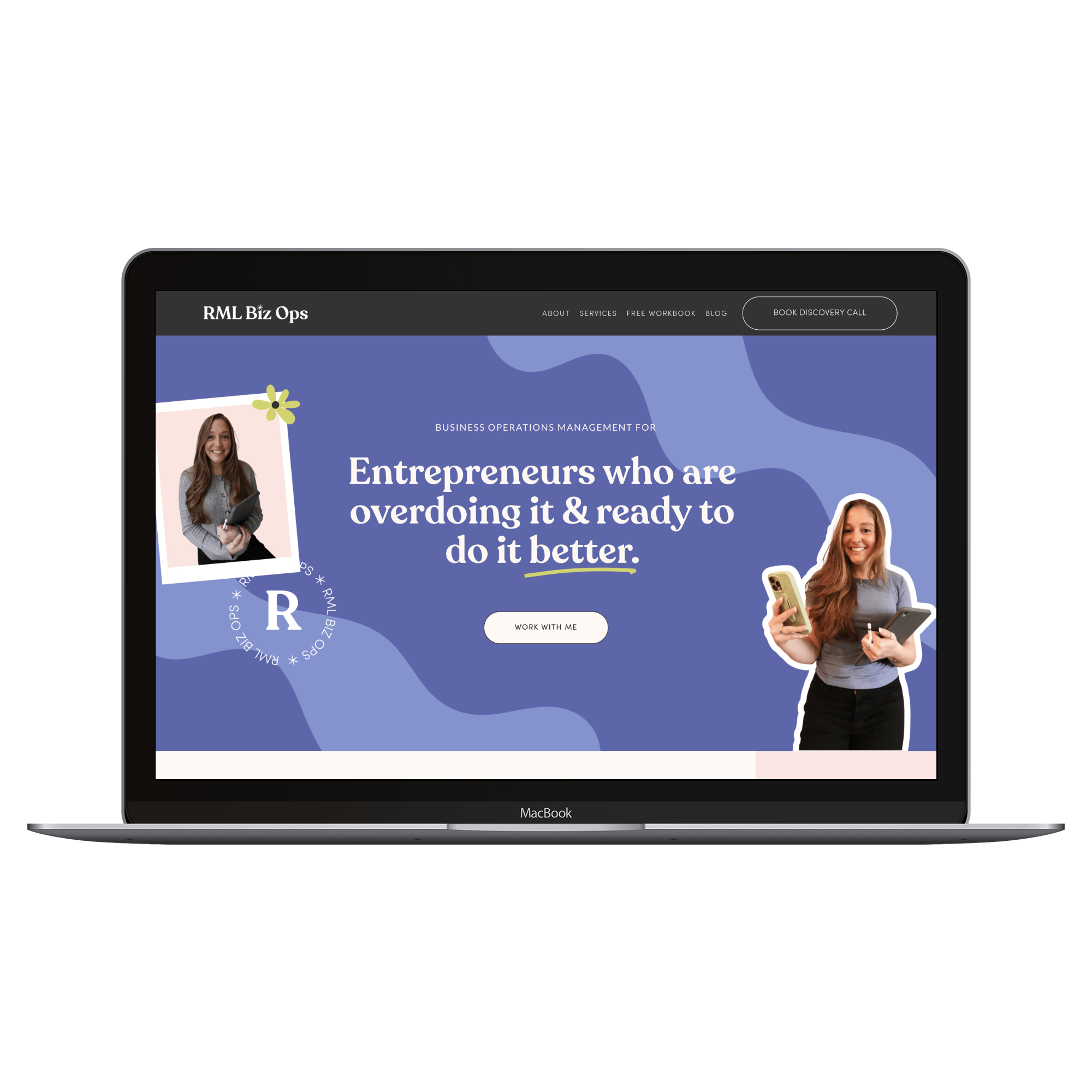 Screenshot of a website homepage for RML Biz Ops with a dark header, navigation links (About, Services, Free Workbook, Blog), a Book Discovery Call button, a main header about entrepreneurs overdosing but ready to do better, and images of two women on a blue abstract background.