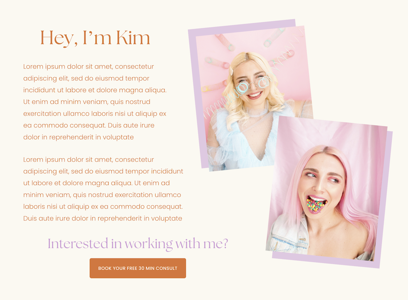 A webpage introducing Kim, featuring two photos of her with colorful decorations, one smiling with glasses and the other with pink hair and candy, alongside placeholder text and a call-to-action button for a free consultation.