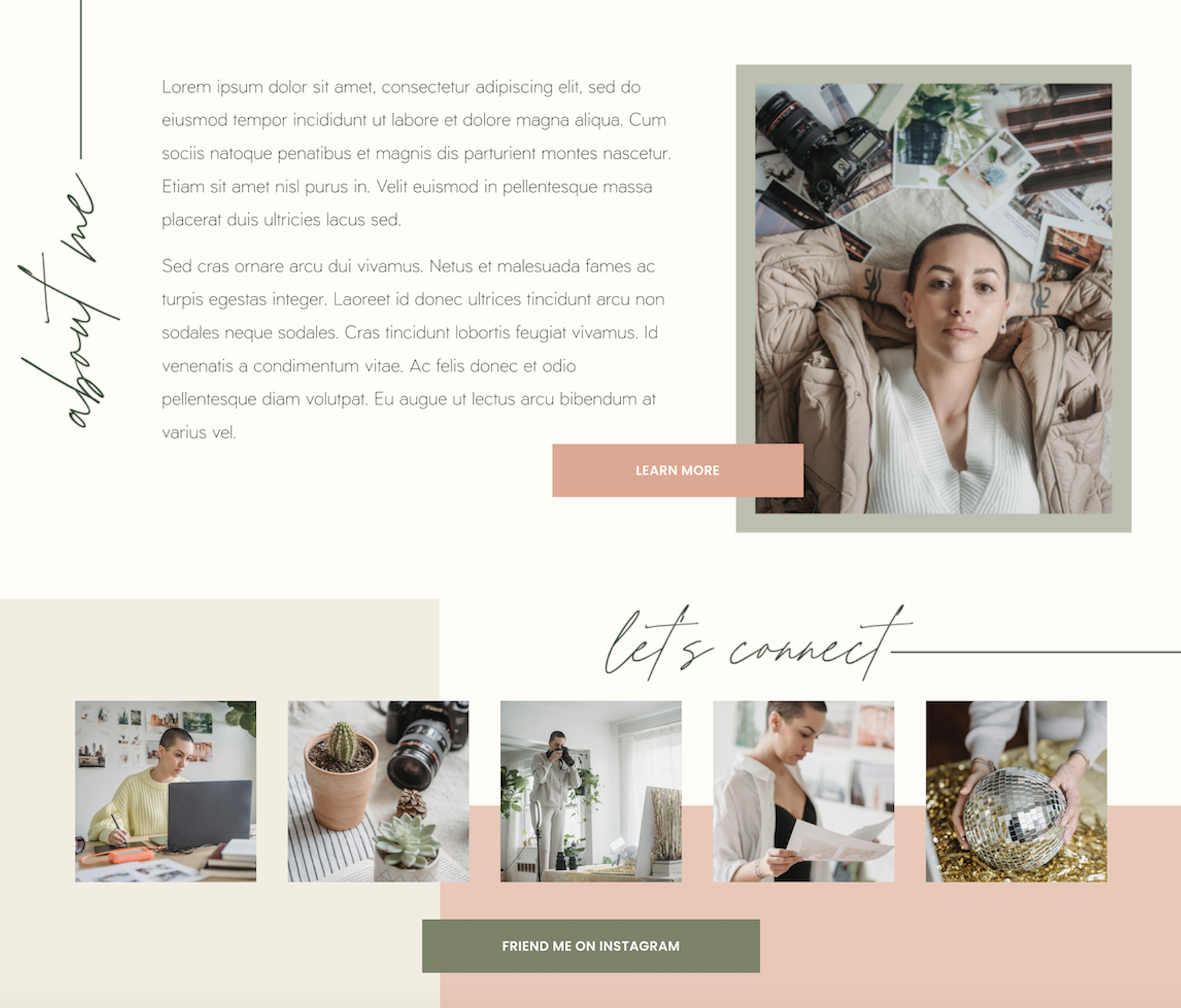 A woman lying on the floor surrounded by photographs and a camera, looking directly at the camera. She has her arms behind her head and is wearing a beige jacket over a white top.