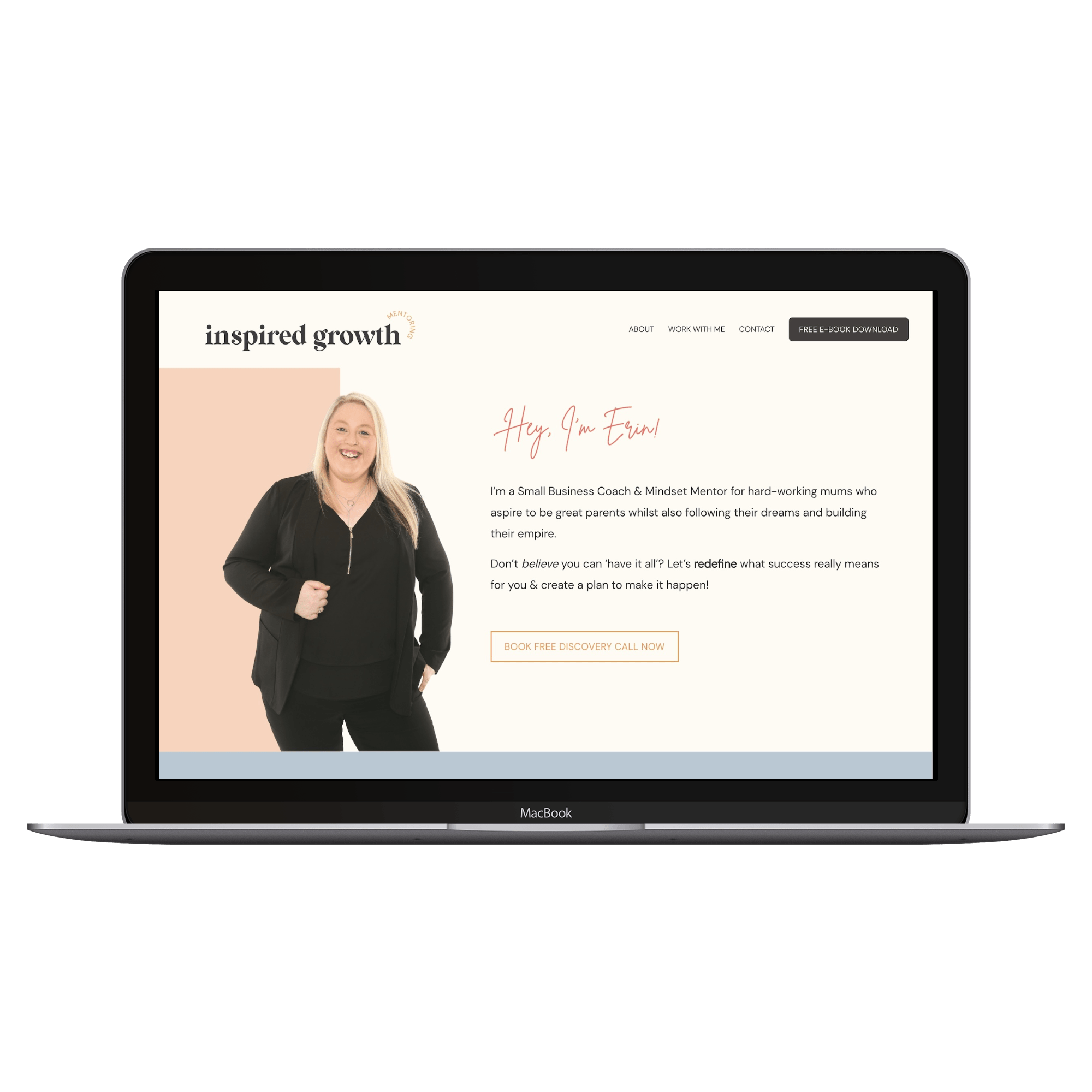 Laptop screen displaying a personal coaching website featuring a smiling woman named Erin, with a beige and light blue color scheme, and navigation links at the top.