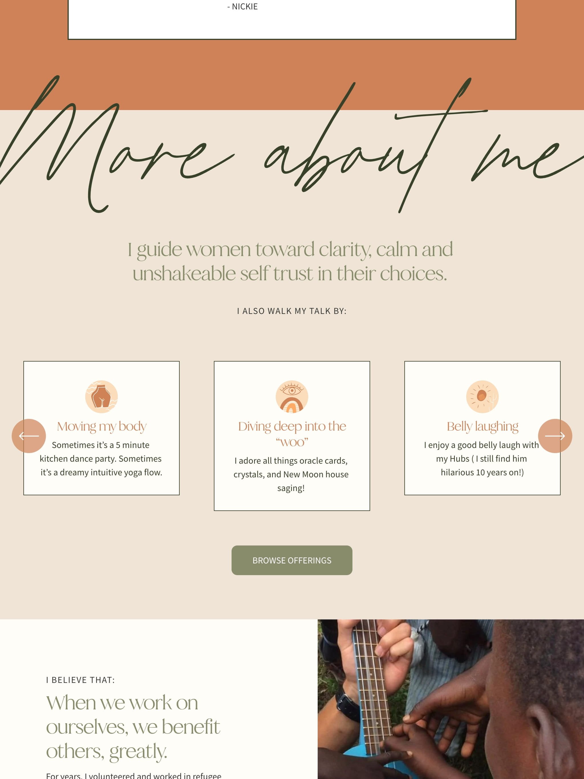 Partial screenshot of a webpage titled 'More about me', with a subtitle about guiding women toward clarity and self-trust. Below, there are three sections with icons: 'Moving my body' with a yoga pose icon, 'Diving deep into the woo' with an eye icon