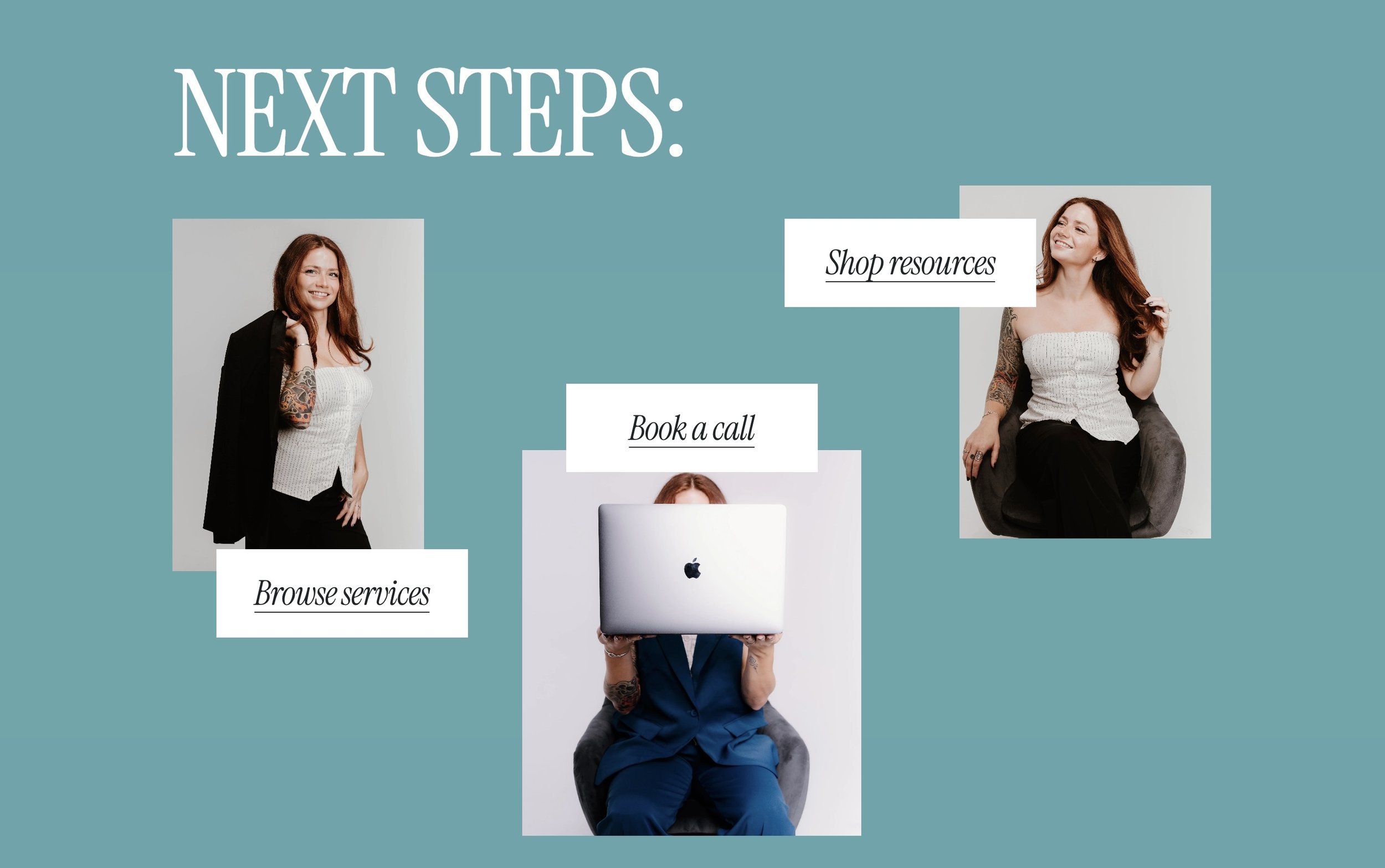 A graphic with a teal background featuring three photos of women with text labels overlaying each image. The top left woman has red hair, is smiling, and has tattoos on her arm, labeled "Browse services." The middle woman, partially obscured by a lap