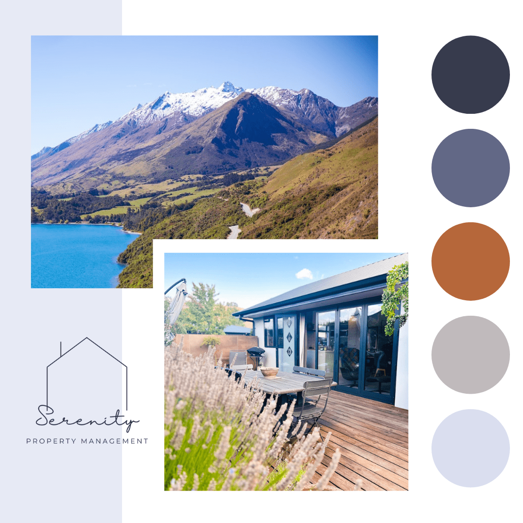 Scenic view of mountains, lake, and a house with a deck surrounded by lavender plants.