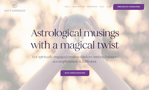 Website homepage for Kim Fairminer offering astrological readings, featuring a background of a person holding hands up with sunlight behind them, and text about astrological musings with a magical twist.