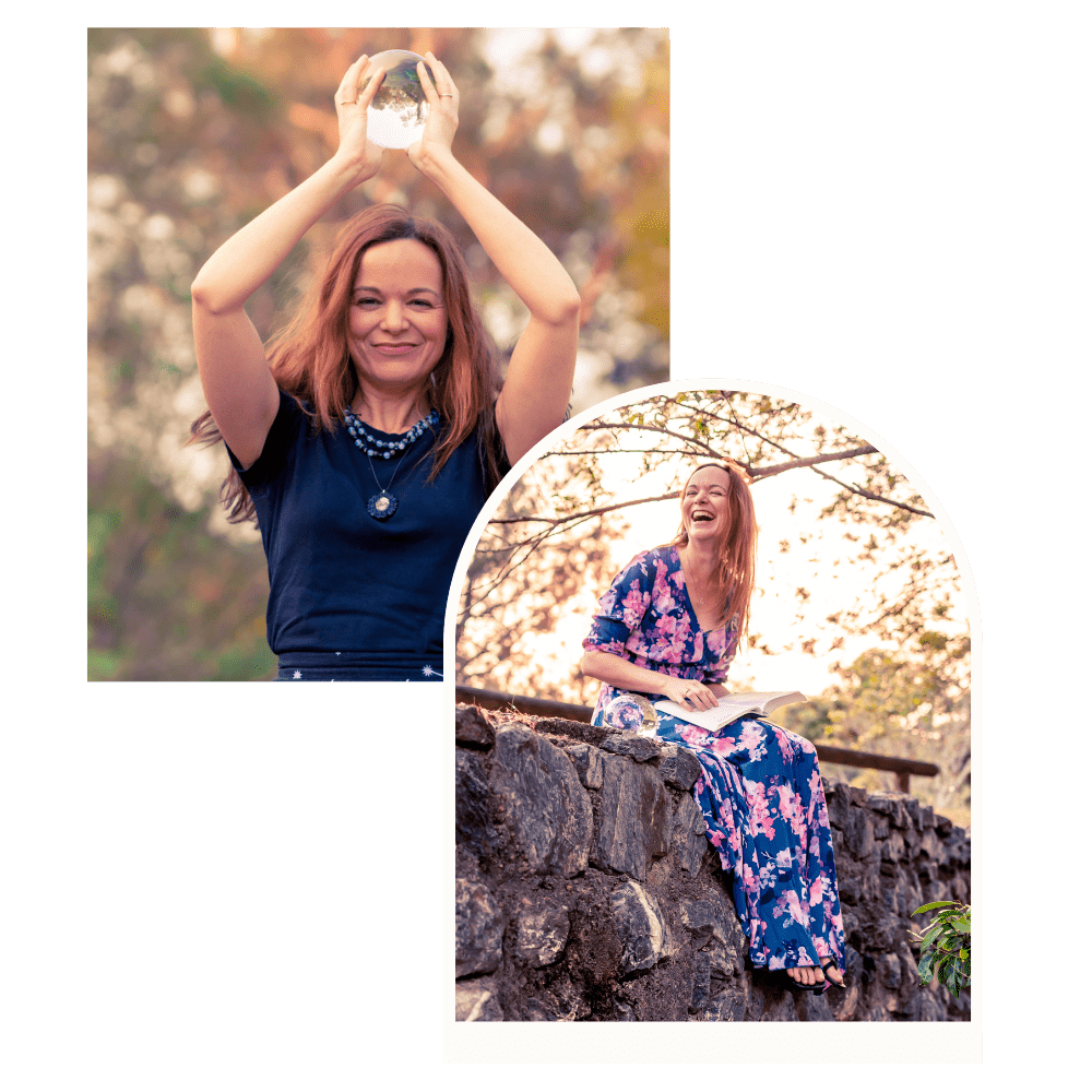 Two women enjoying outdoor moments: one holding a glass ball above her head outdoors with a blurred background, the other sitting on a stone wall, laughing and reading a book amidst trees and greenery during sunset.