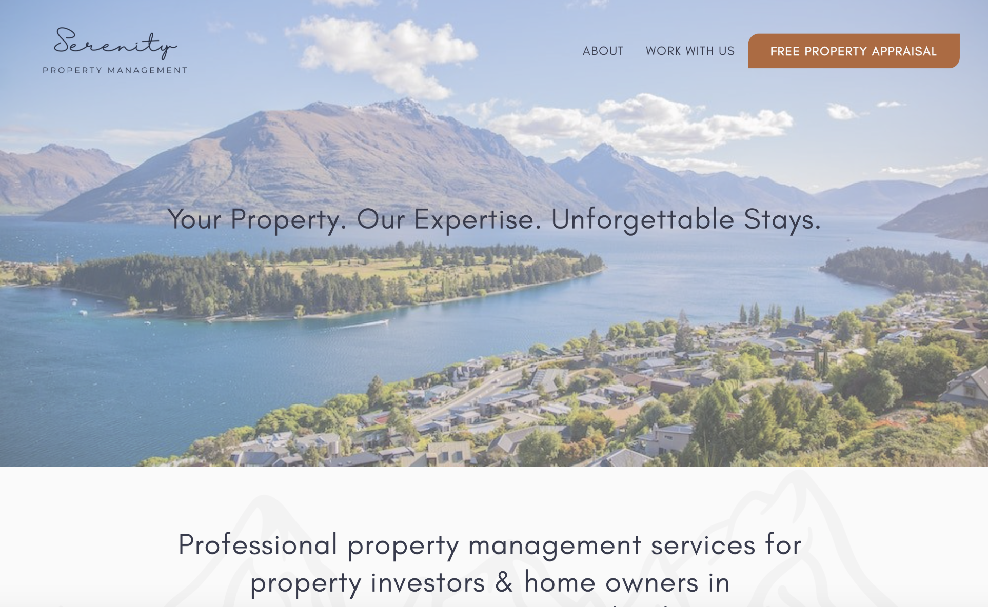 A website homepage for Serenity Property Management with scenic view of lakes, mountains, and a town, featuring a top navigation menu and a call-to-action button for free property appraisal.