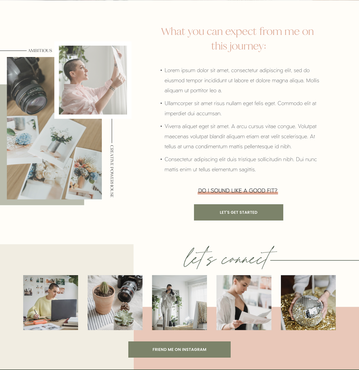 A webpage layout featuring text and multiple images, including a woman with a shaved head looking at her phone, photography gear, and floral arrangements, with sections for connecting and calling to action.