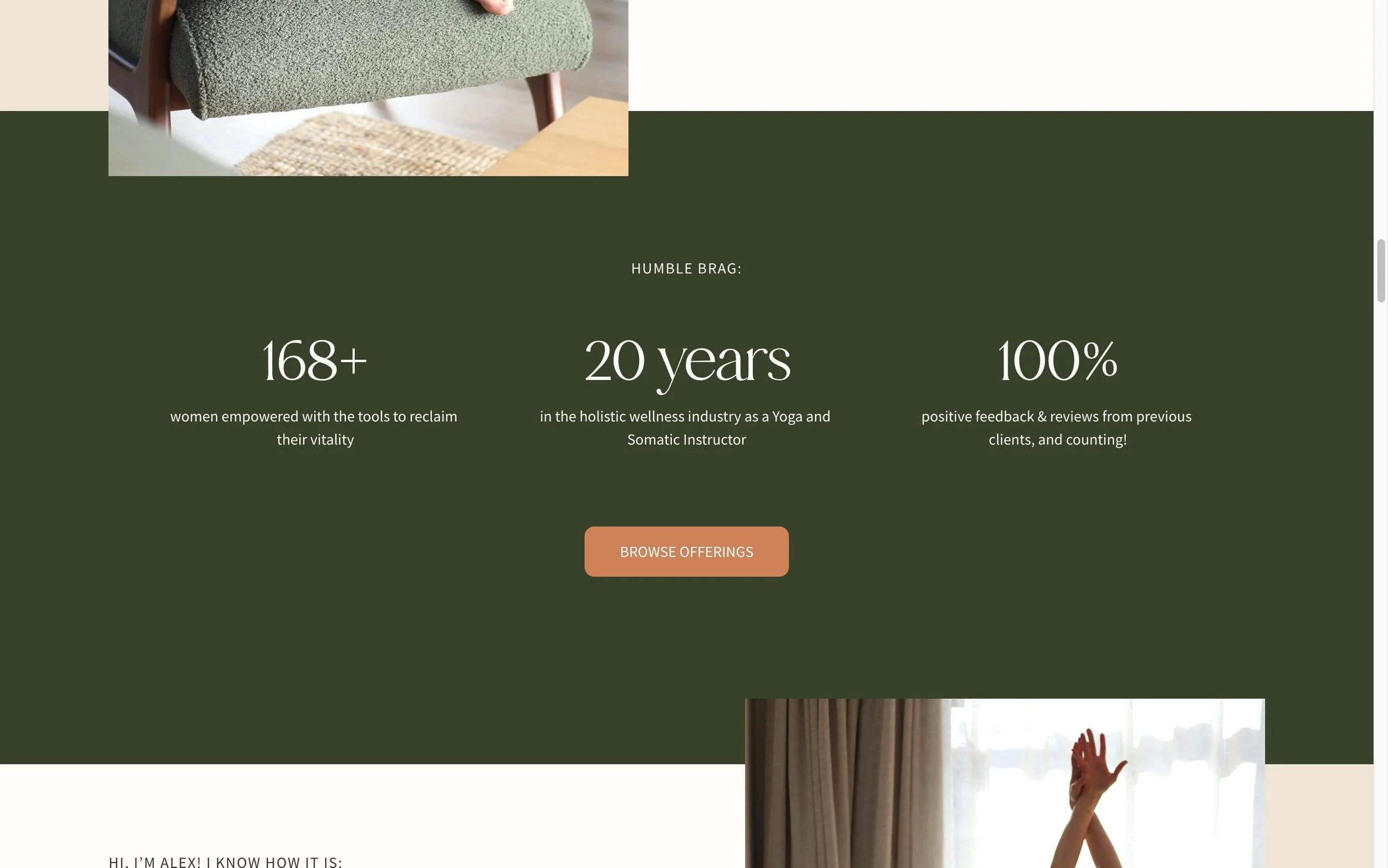 A website sections highlighting the company's accomplishments, including 168+ women empowered, 20 years in the wellness industry, and 100% positive reviews, with a 'Browse Offerings' button, and parts of the interior of a room with curtains and a per
