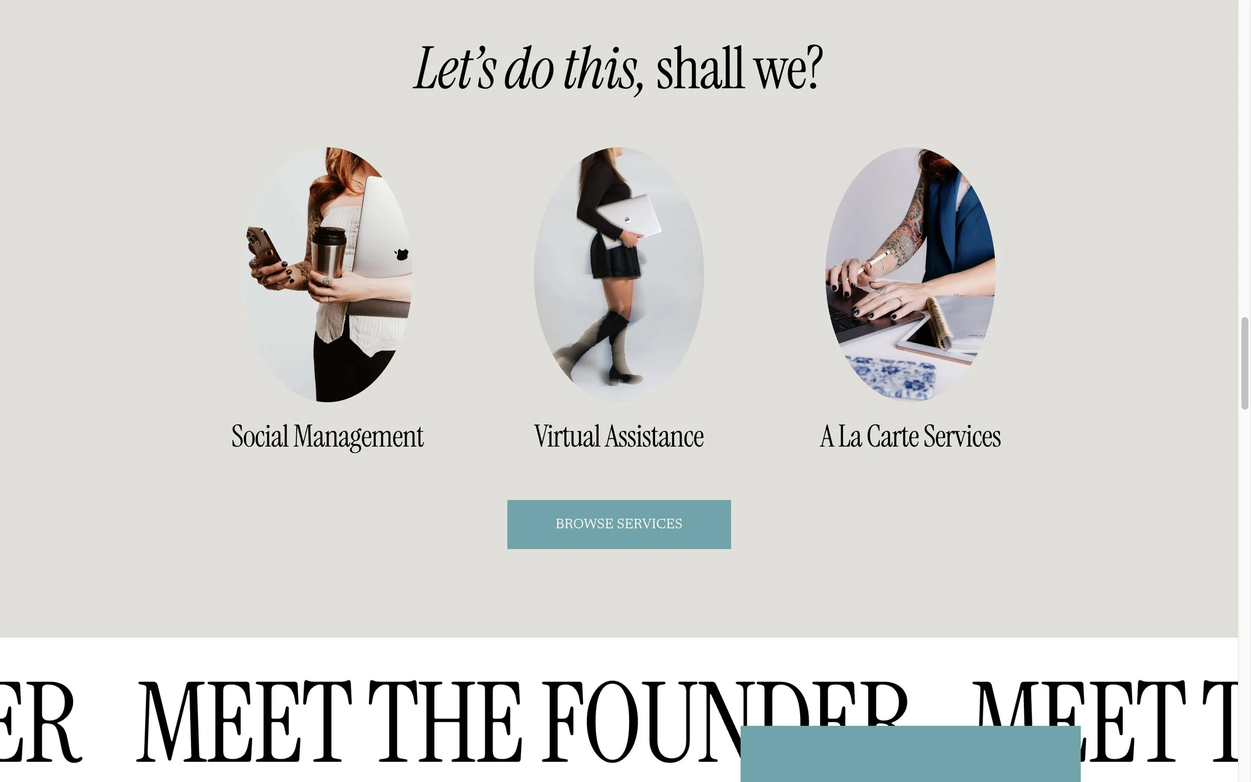 Website homepage featuring three service options: Social Management, Virtual Assistance, A La Carte Services, with a call-to-action button labeled "Browse Services."