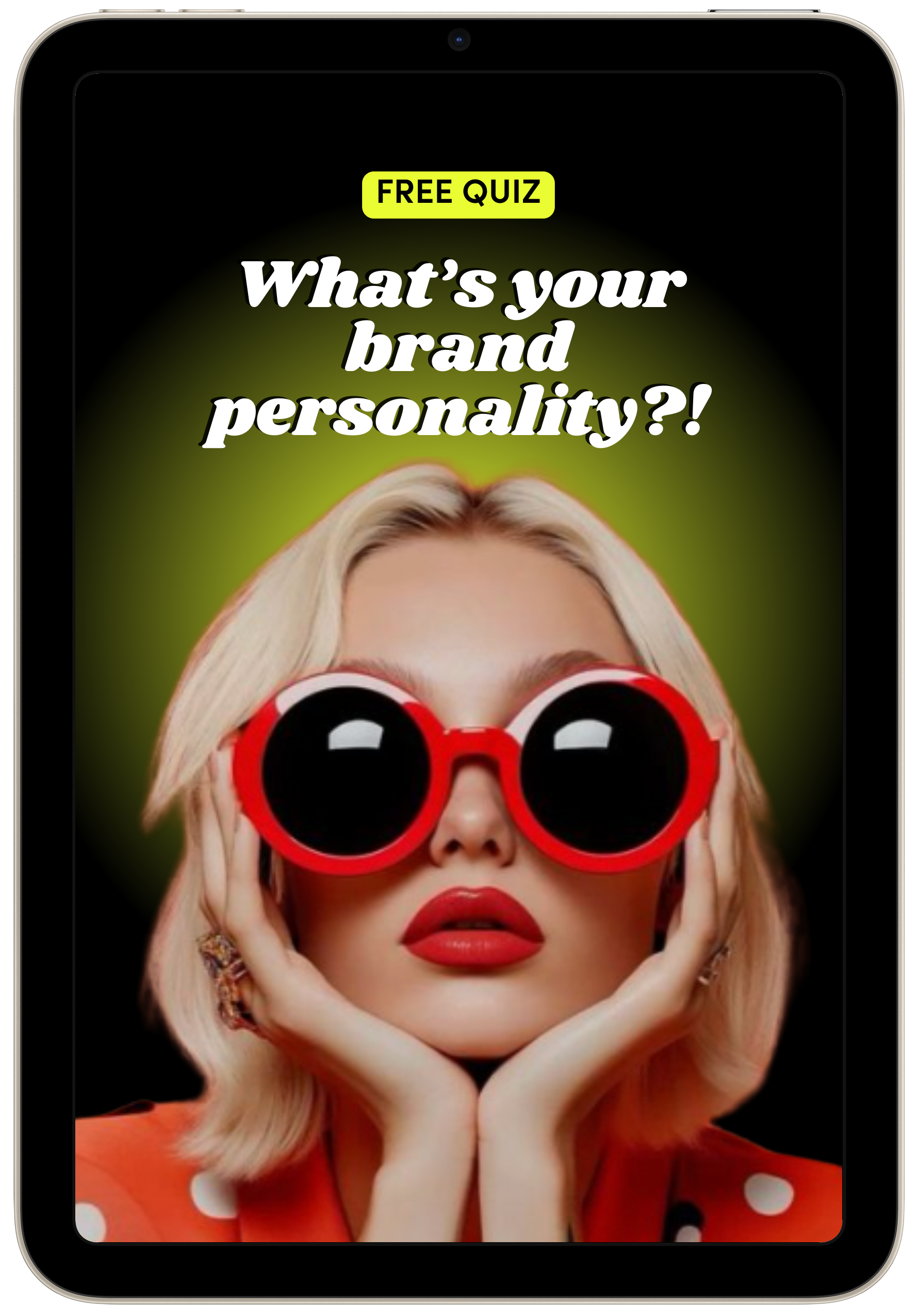 A woman with blonde hair wearing large red sunglasses and red lipstick, holding her face with her hands. The image promotes a free quiz about brand personality.