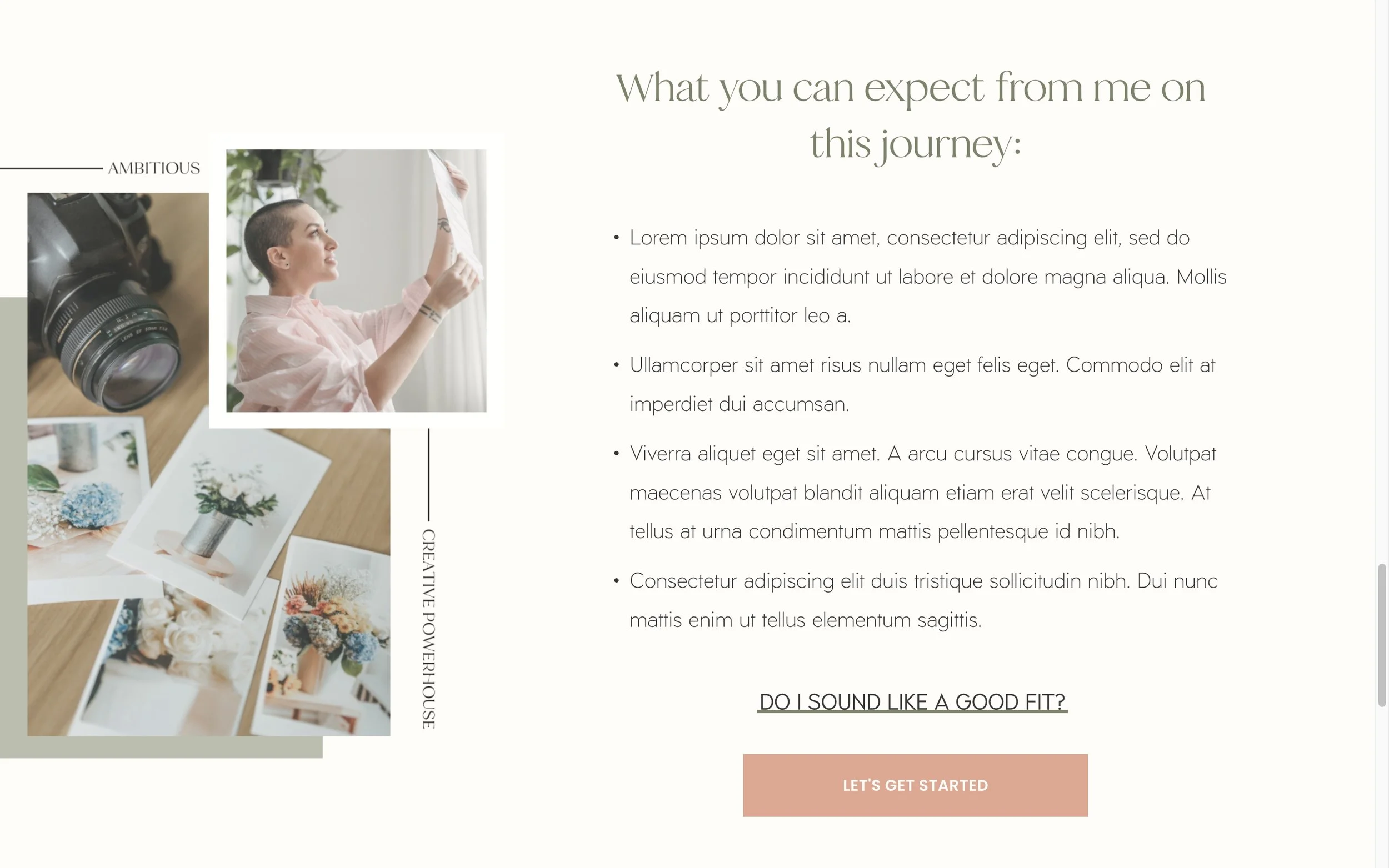 A webpage layout with a large heading, a photo of a woman with a shaved head reading a book, a camera, and printed floral images on a wooden desk.