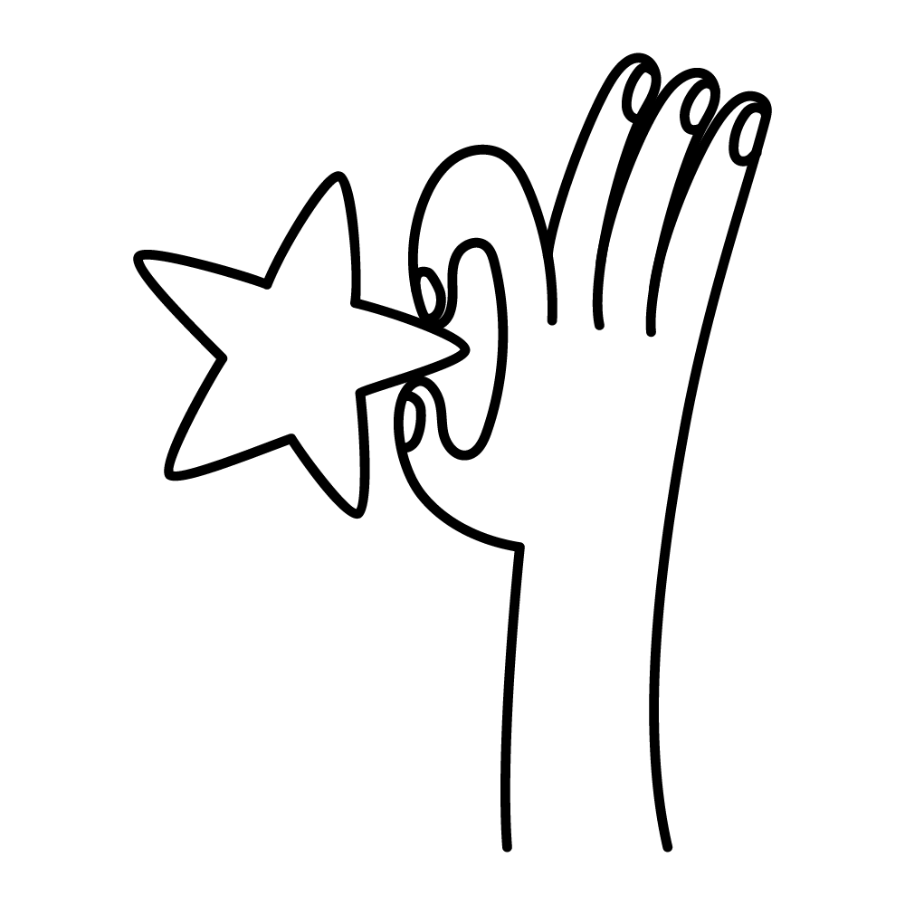 Outline drawing of a hand making an 'OK' gesture with the thumb and index finger forming a circle, holding a star.