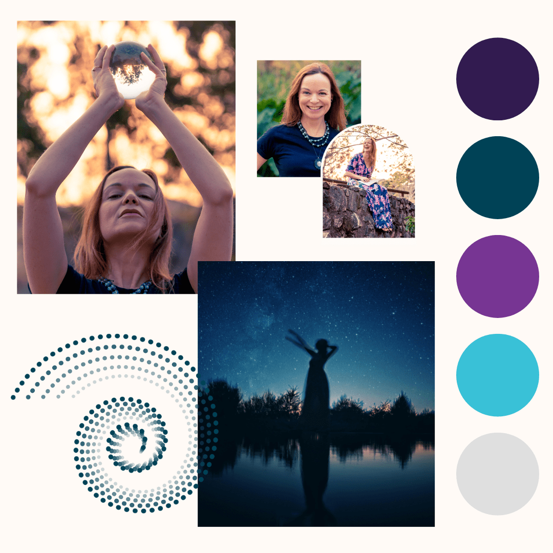 A collage of four photos featuring a woman in different scenes: holding a reflective sphere at sunset, smiling outdoors with a necklace, sitting on a stone wall in a floral dress during sunset, and standing by a lake at night with a starry sky reflected in the water.