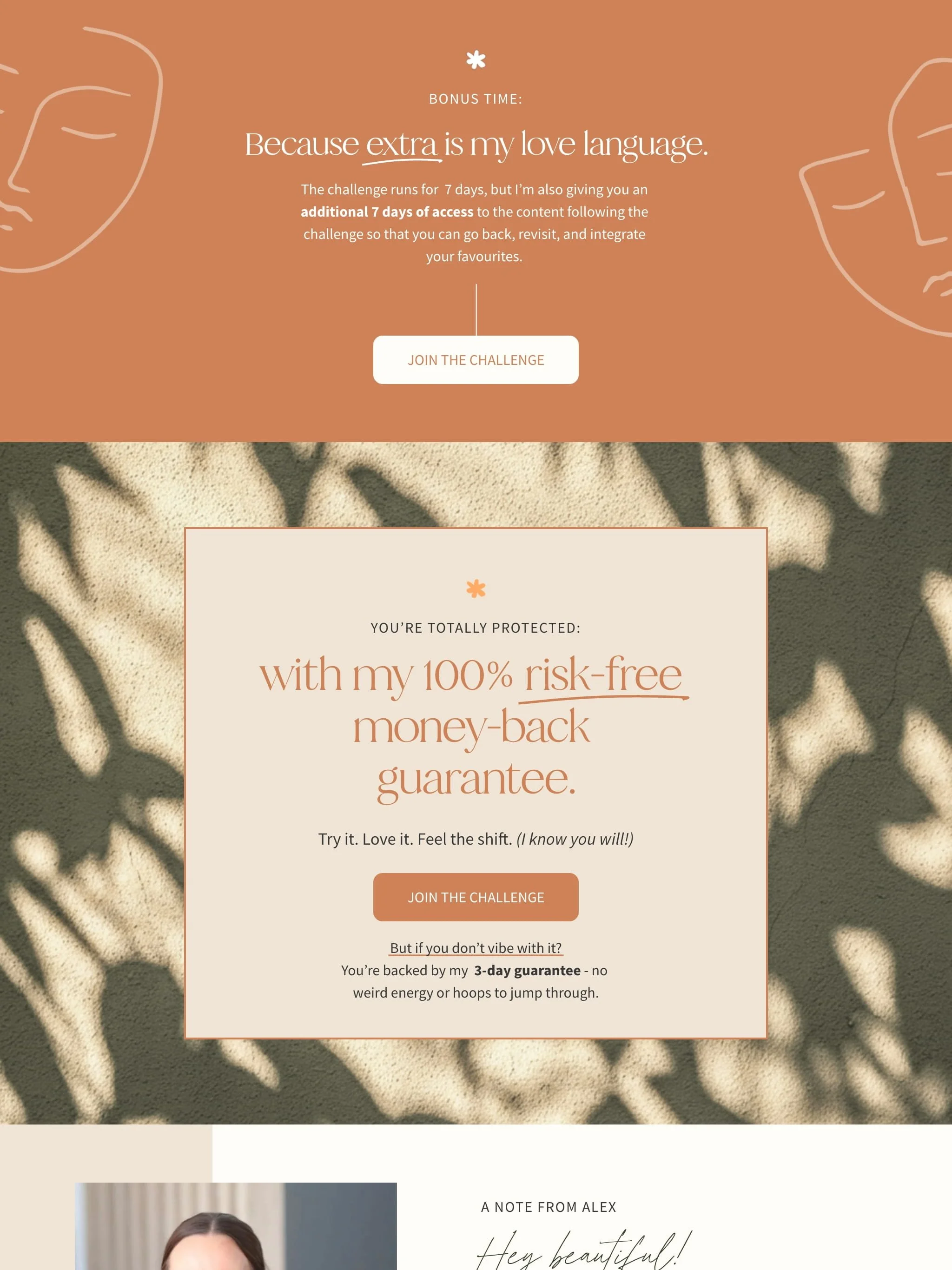 Web page with promotional content about a risk-free money-back guarantee and a challenge to join, featuring a background with shadowed leaves and a section with a note from Alex.