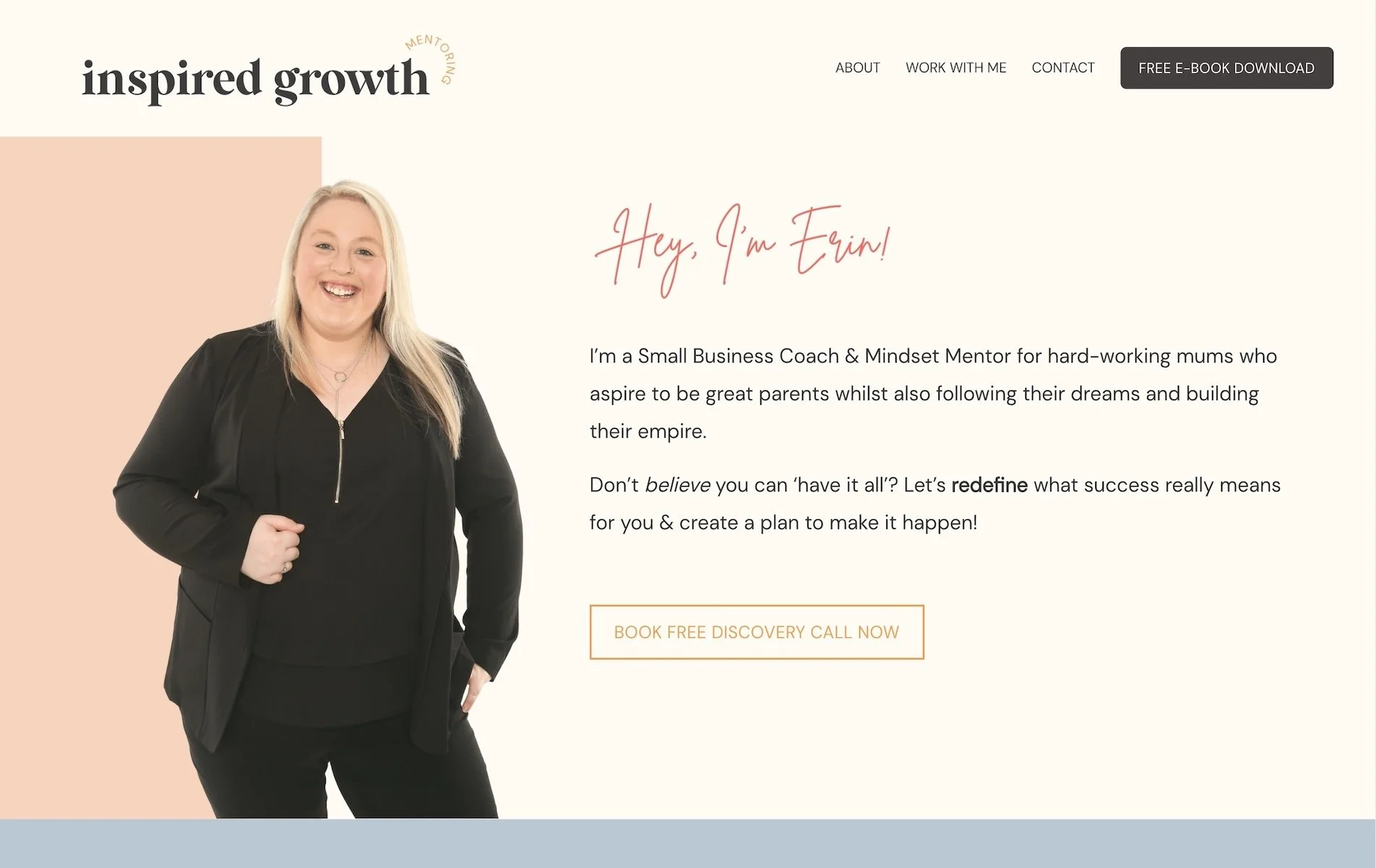 A cheerful woman with long blonde hair wearing a black blazer and top, smiling and standing with one hand on her waist, on a webpage introducing her as a small business coach and mindset mentor.