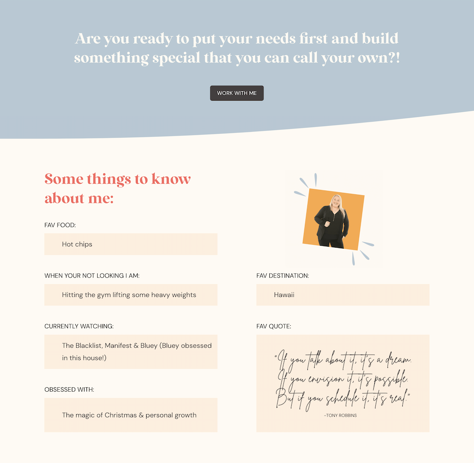 A webpage featuring a header with motivational text, a button labeled 'Work With Me,' and a personal introduction section. The section includes details about favorite food, non-exercise activities, current Netflix show, hobbies, favorite travel desti
