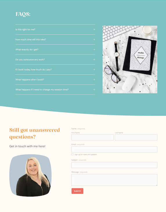 A webpage with FAQ questions about a book, a desk setup with a watch, glasses, a notebook, and a computer mouse, and a contact form with a photo of a smiling woman.