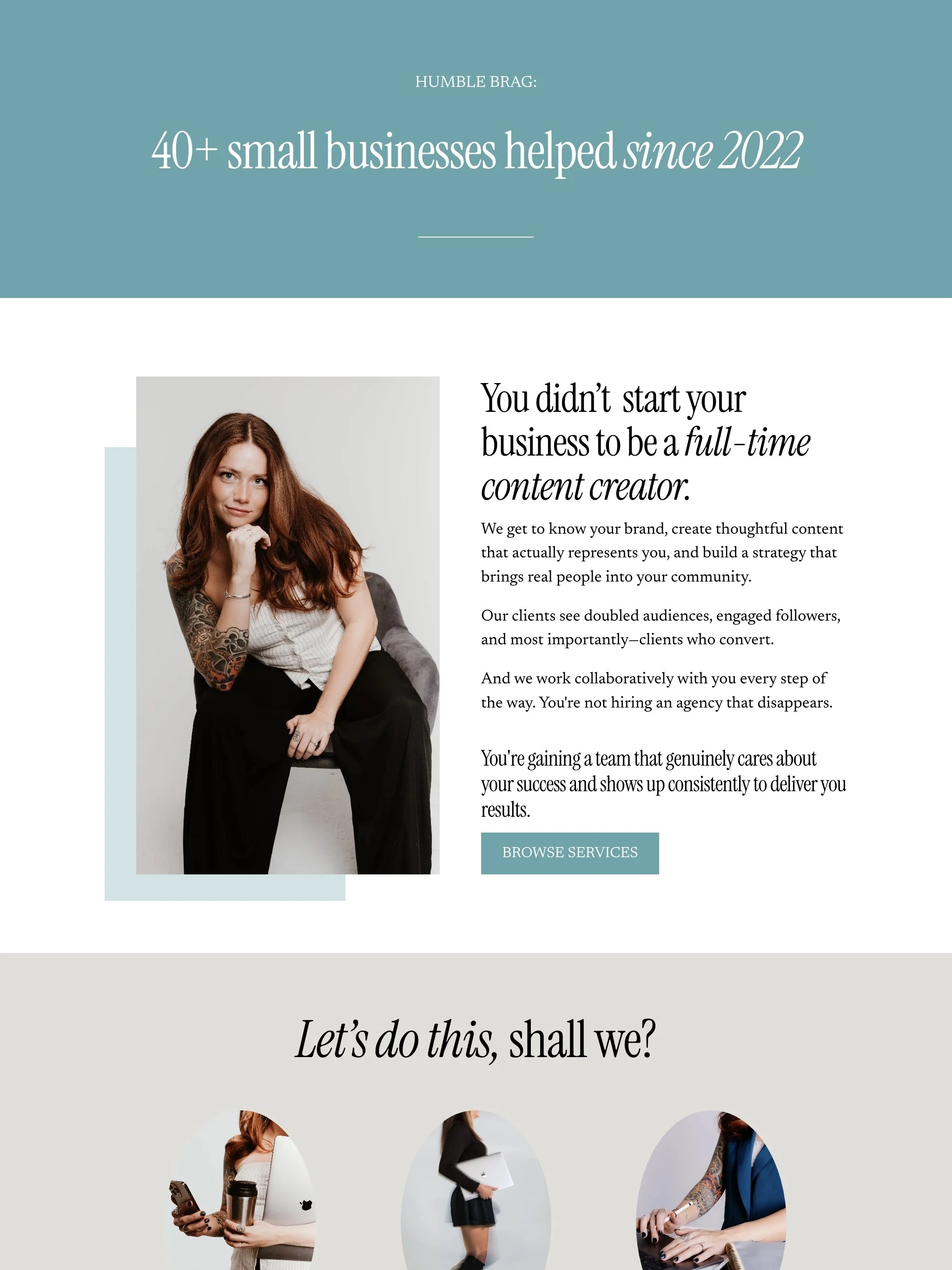 A website homepage promoting small business services with a photo of a woman with red hair, wearing a tattoo sleeve, seated on a chair, and text about content creation support.