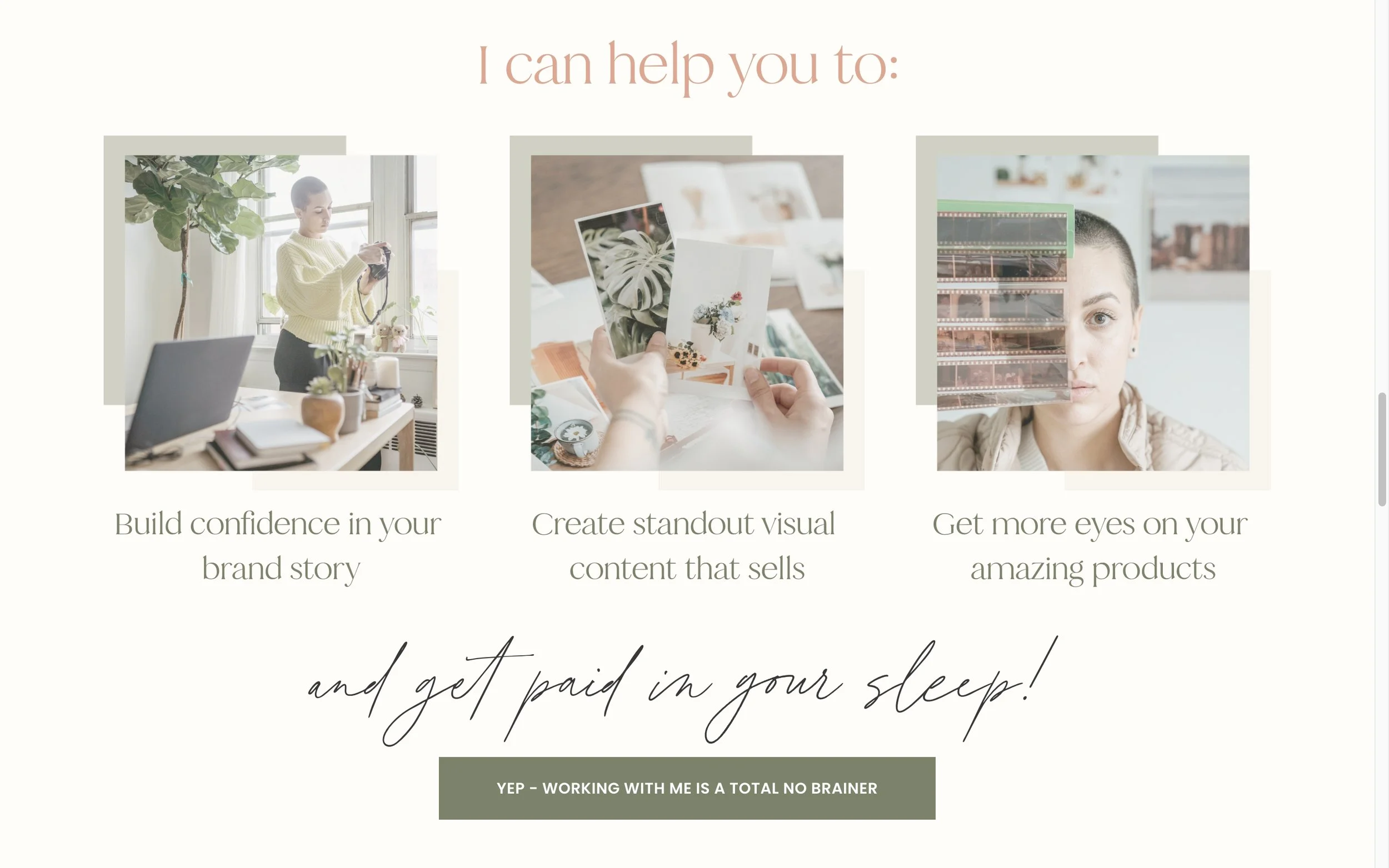 A promotional graphic with three images and text promoting brand storytelling and content creation. The first image shows a woman taking a photo indoors near a window with plants. The second image captures hands holding printed photos of plants and a