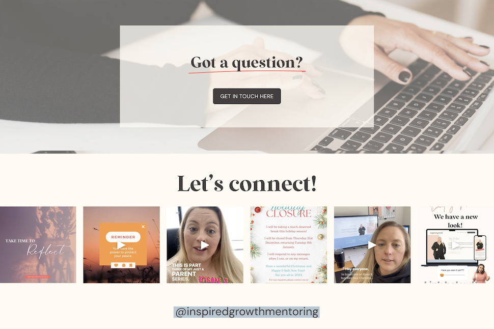 A website homepage with a header reading 'Got a question?' and a button labeled 'Get in touch here.' Below, there are several video thumbnails and images with titles related to connection, reflection, reminders, parenting, closures, and new looks. Th