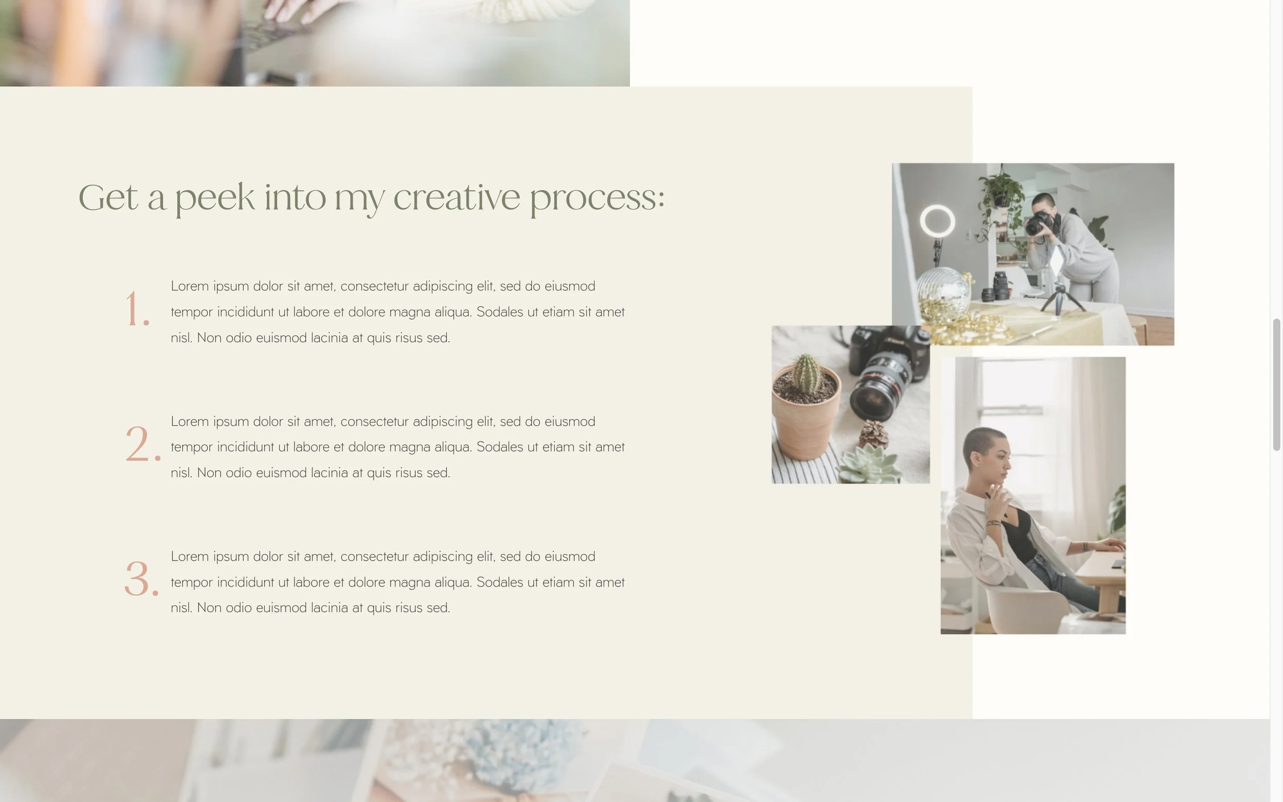 A slide titled 'Get a peek into my creative process' with three numbered points of lorem ipsum text. On the right, three images feature a photographer taking pictures, a close-up of a camera and a potted cactus, and a woman working at a desk.
