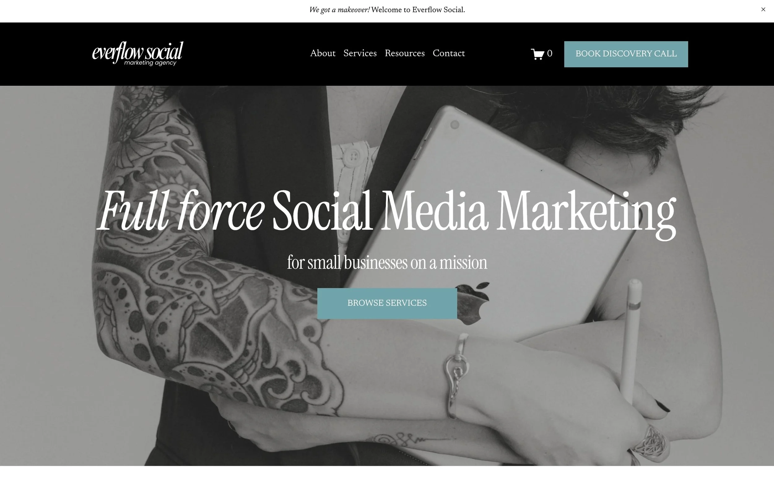Homepage of Everflow Social marketing agency featuring a person with tattooed arm holding a laptop, with text 'Full force Social Media Marketing for small businesses on a mission' and a 'Browse Services' button.