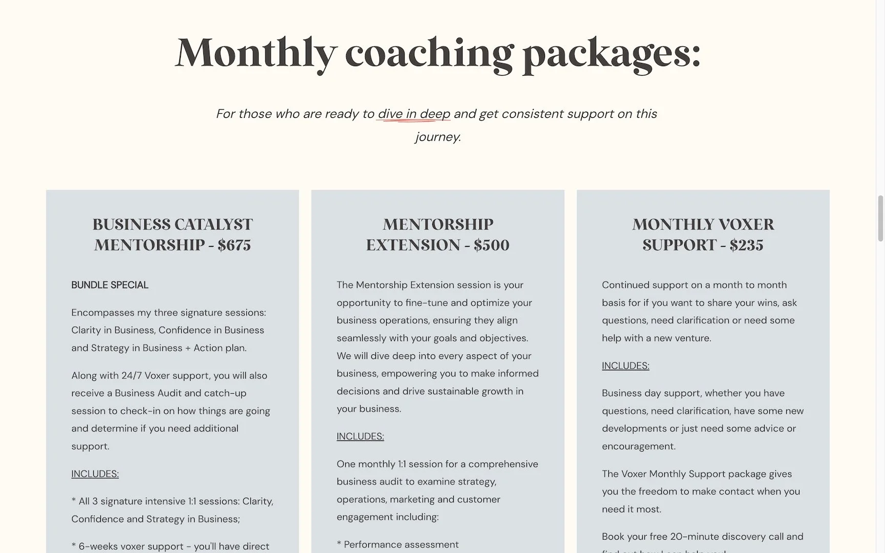 Three columns promoting different coaching packages: Business Catalyst Mentorship, Mentorship Extension, and Monthly Voxer Support, with descriptions of each offering.