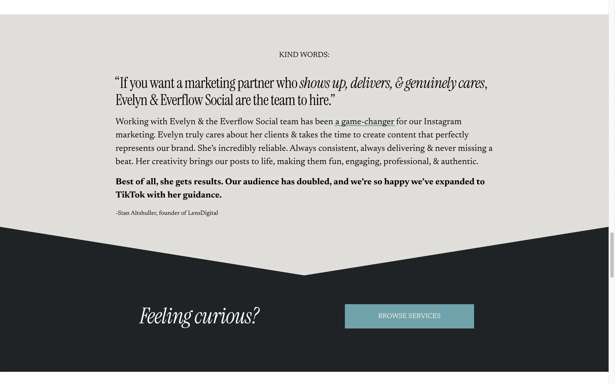 A website landing page with a testimonial quote praising Evelyn & Everflow Social for Instagram marketing success, followed by a call-to-action button labeled 'Browse Services' on a dark background.