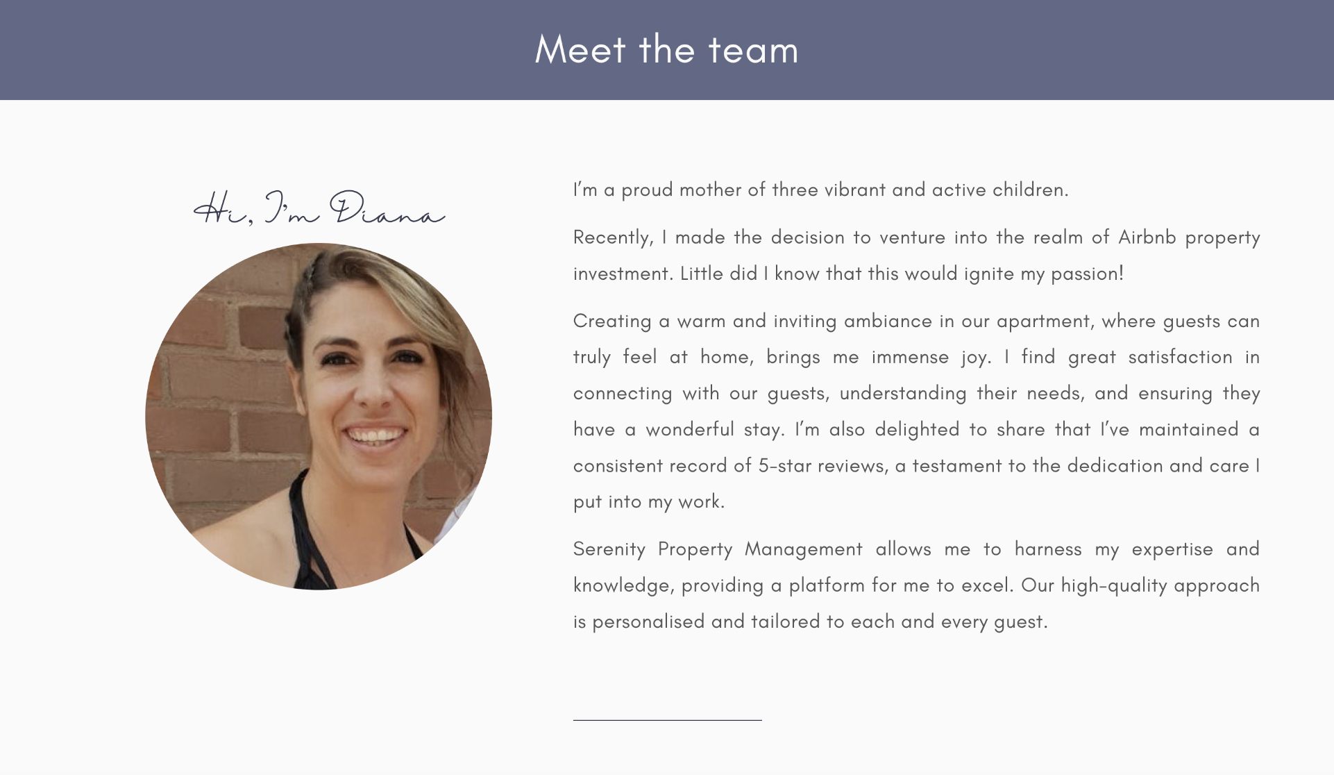 Introduction of Diana, a woman with short hair, smiling, against a brick wall, titled "Meet the team" with her biography describing her role in property management and her dedication to guest satisfaction.