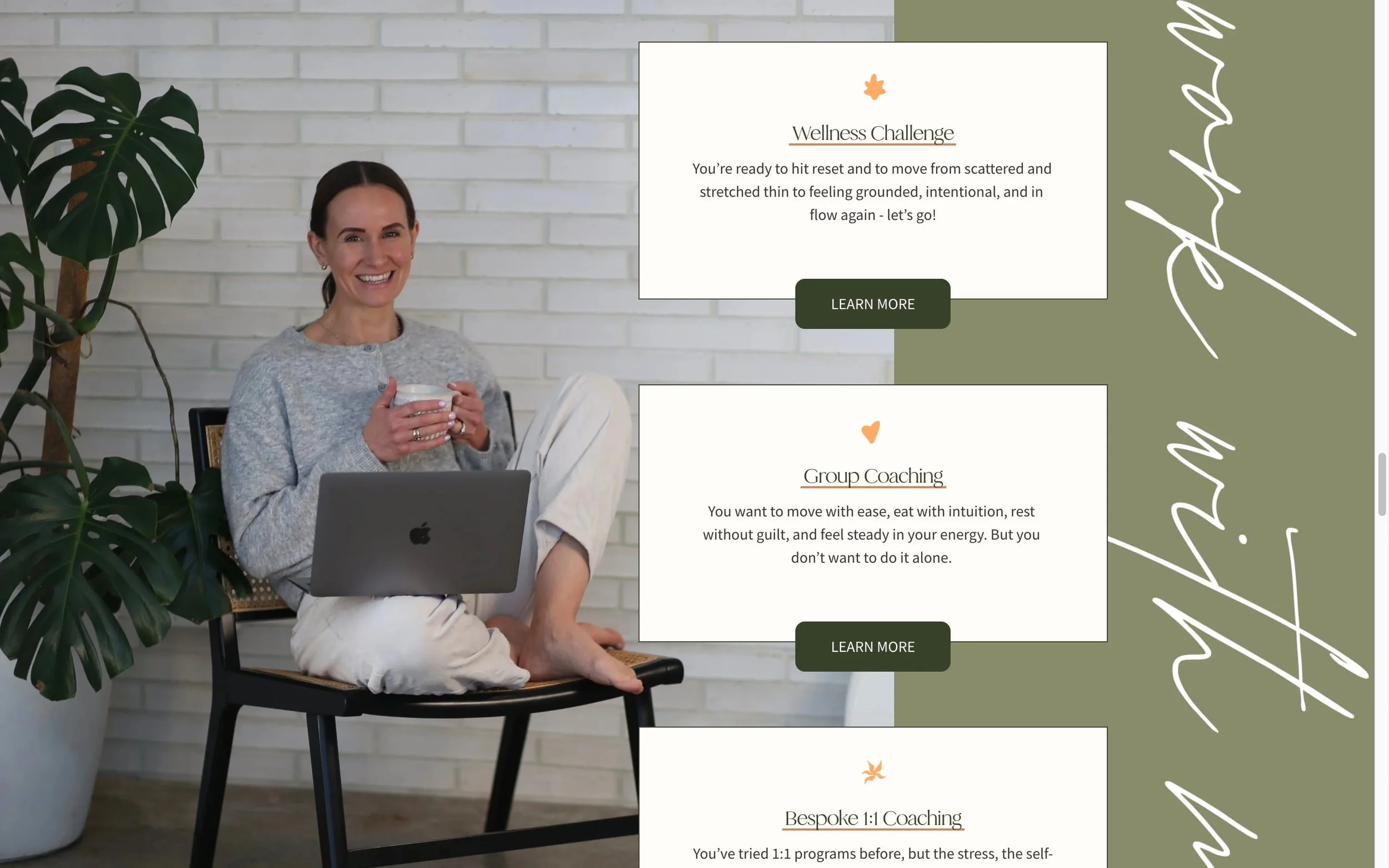 A woman sitting on a chair in front of a white brick wall, smiling and holding a mug, with a laptop on her lap, and green houseplant on her left. To the right, there are three white boxes with text about wellness programs.