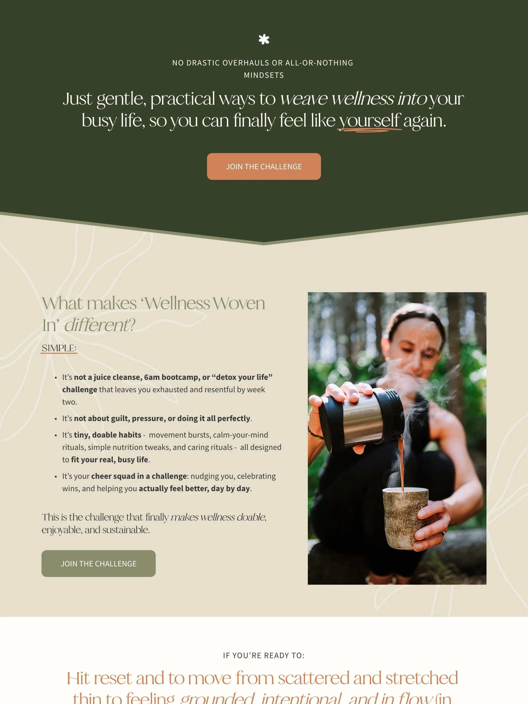 A woman outdoors in forest, pouring hot beverage from a thermos into a cup.