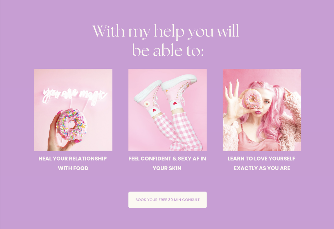 A promotional graphic with a purple background, featuring three images and text about self-love and confidence. The first image shows a hand holding a donut with rainbow sprinkles and "you are enough" written in neon lights. The second image shows le