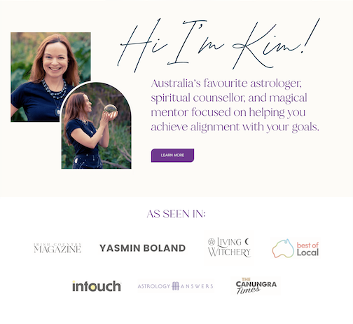 A webpage introducing Kim, an astrologer and spiritual counselor. The page features a photo of Kim smiling outdoors with long brown hair, wearing a blue top and a pearl necklace. There is also a smaller image of Kim holding a crystal ball. Text highl