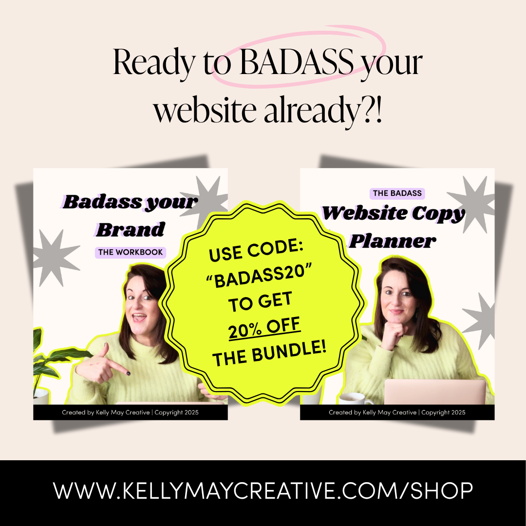 An advertisement for digital products by Kelly May Creative promoting a website bundle with a discount code. The image features two women with black hair, wearing light-green sweaters, presenting guides about branding and website planning. The text includes a bold yellow badge with a discount offer and a URL at the bottom.