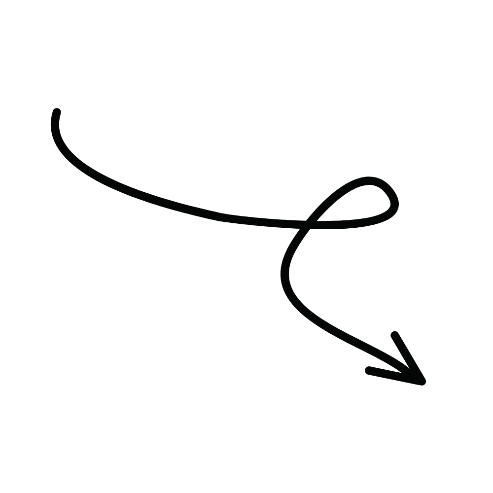 Black arrow pointing downward to the right with a curly tail.