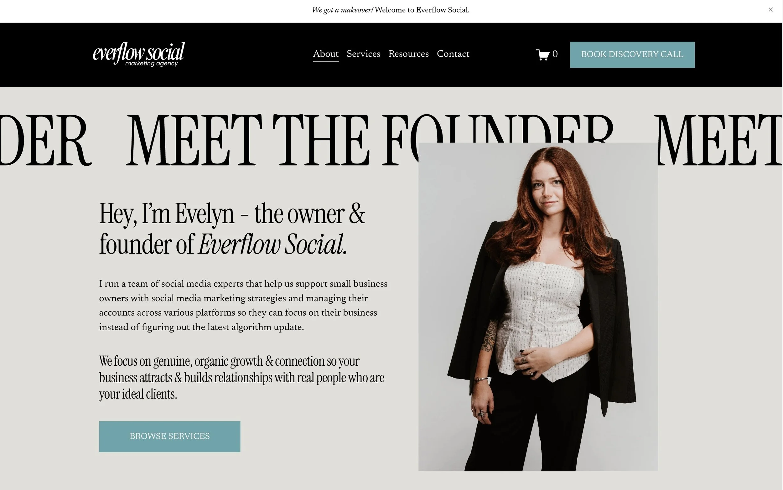 Screenshot of Evelyn, the founder and owner of Everflow Social, on her website. The page includes her photo, a welcome message, and links to services, resources, contact, and a button to book a discovery call.