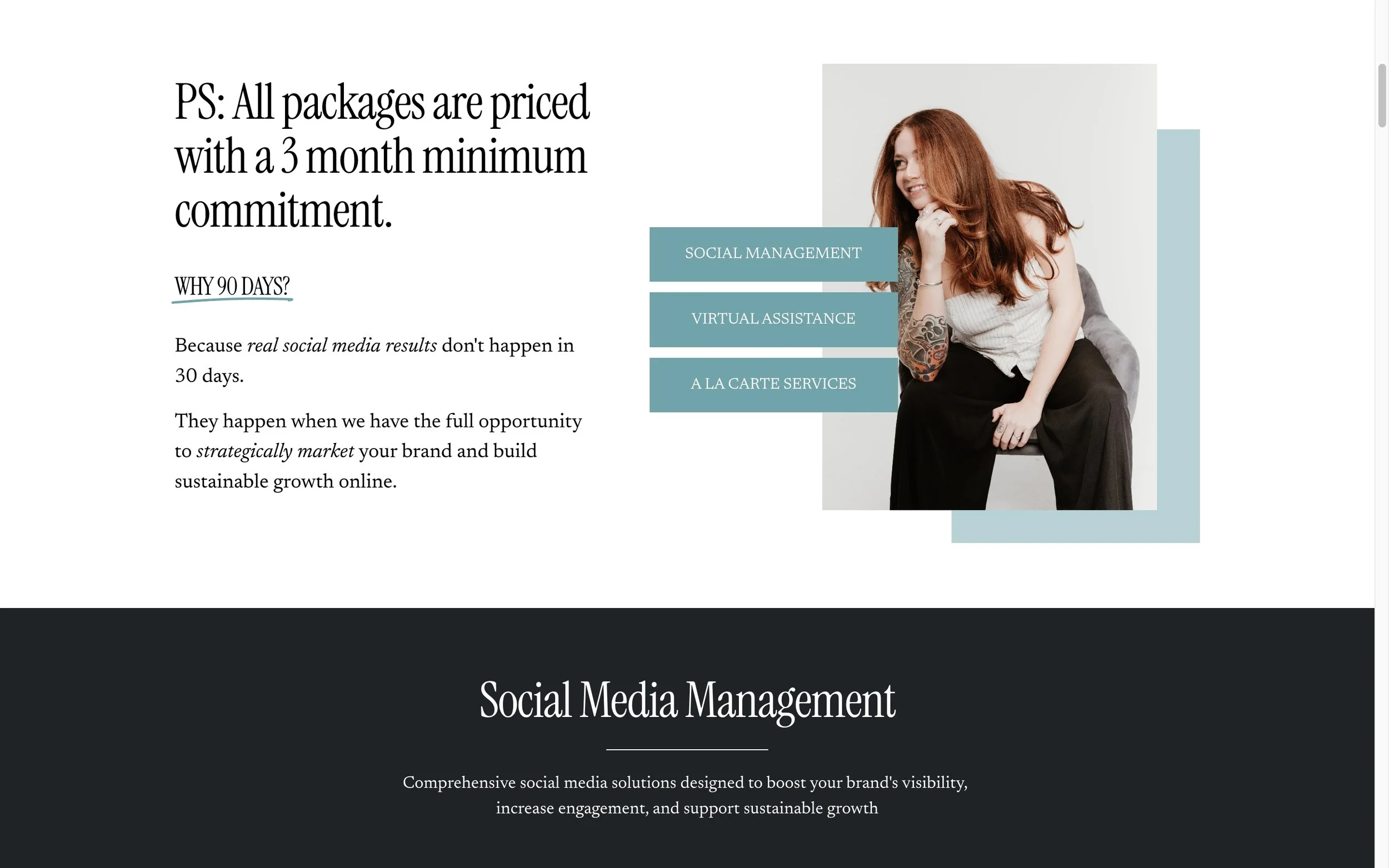 A website screenshot promoting social media management services, featuring a woman with red hair sitting, surrounded by blue overlay text labels for services like social management, virtual assistance, and A la carte services.