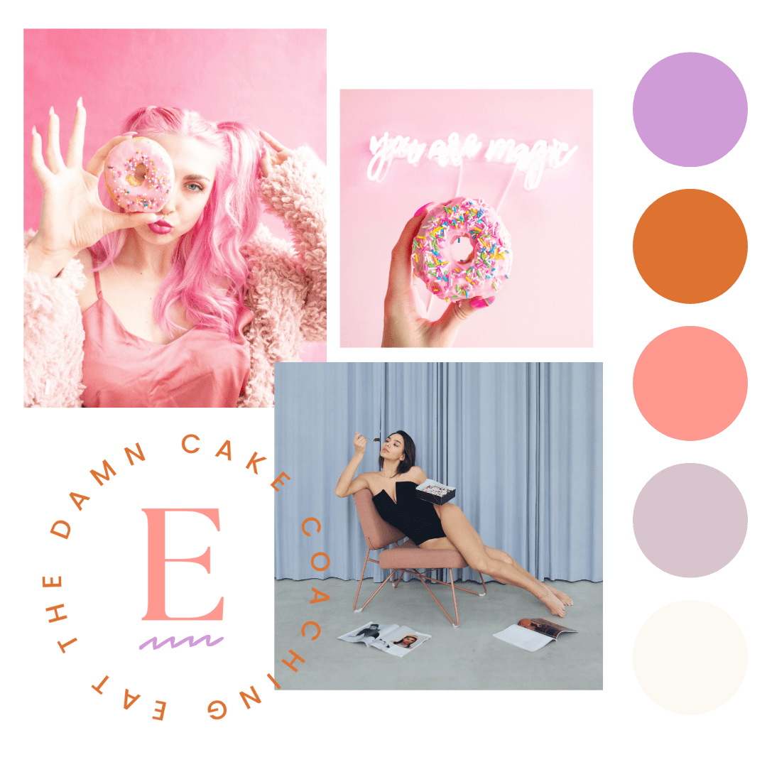 A collage of three women with pink and pastel backgrounds, one holding a donut to her eye, another holding a donut with a neon sign that says 'you are enough', and the third sitting with magazines and snacks. Color palette of lavender, orange, pink, light purple, and beige.