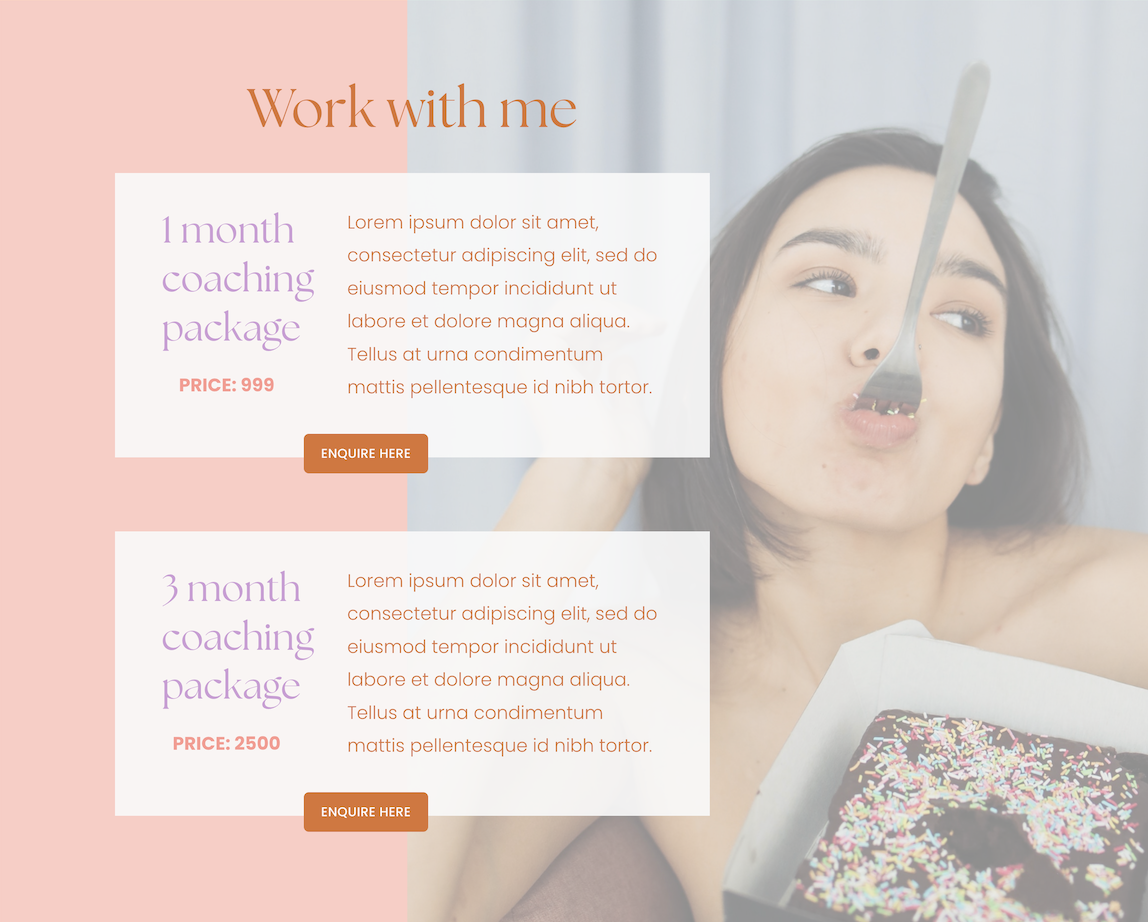 A promotional webpage for coaching packages featuring a woman holding a fork with a piece of cake and a box of cake. The page has a pink and white background with text about 1-month and 3-month coaching packages, prices, and 'Enquire Here' buttons.