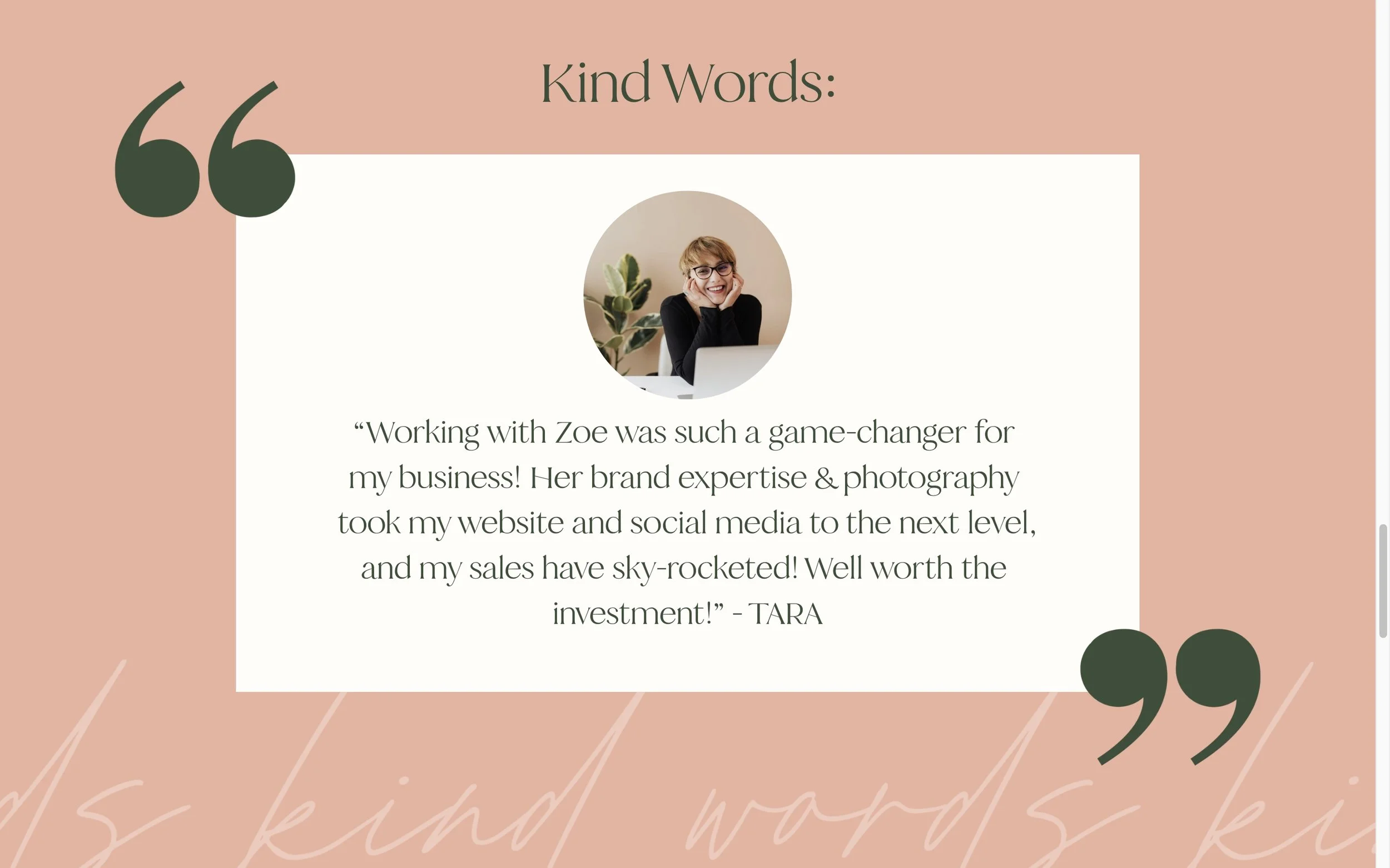Testimonial quote with photo of smiling woman wearing glasses and black shirt, sitting at desk with a plant in background, on soft pink background with quote about working with Zoe.