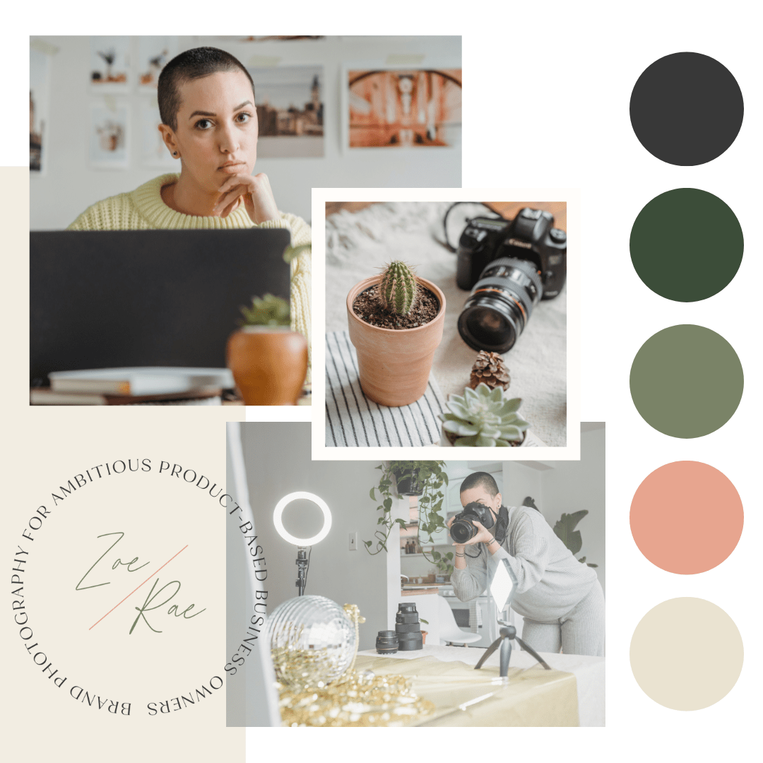 A woman with a short haircut looking thoughtful at her laptop, surrounded by plants, a camera, and photography equipment, in a creative workspace.