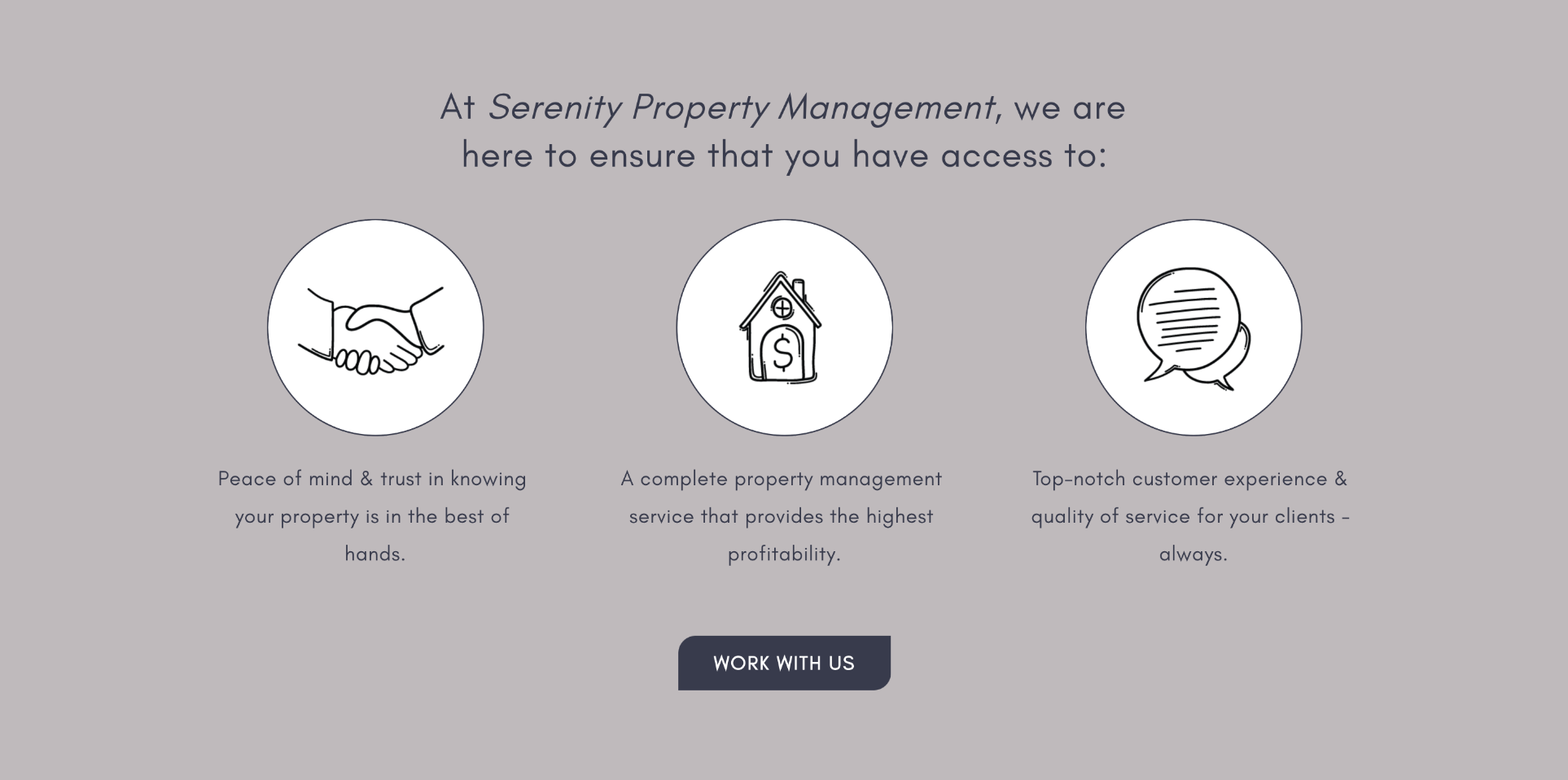 A webpage for Serenity Property Management featuring three icons: a handshake signifying trust, a house with a dollar sign representing property management, and a speech bubble indicating customer service, with corresponding descriptive text and a "W