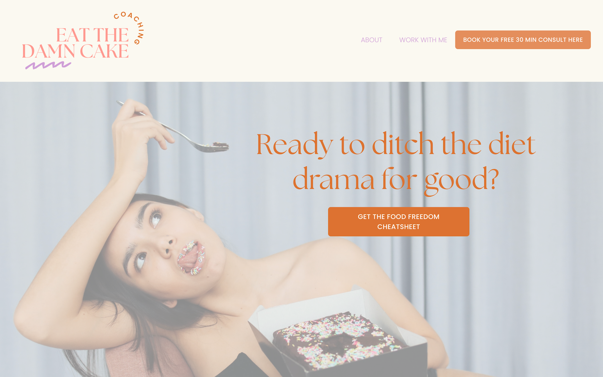 A woman with sprinkles on her lips, holding a spoon with cake, sitting in front of a cake box with chocolate cake and sprinkles, promotional website for a diet coaching service.