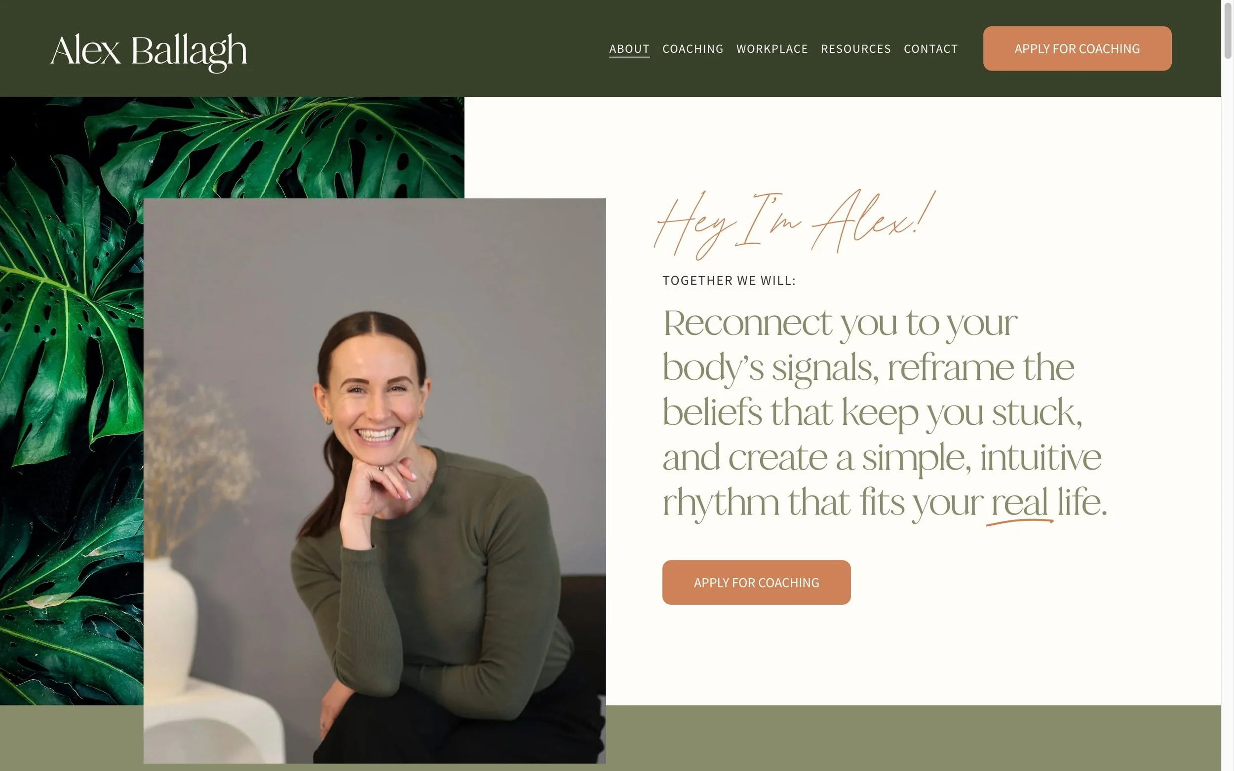 Professional woman with brown hair smiling, wearing a green top, sitting indoors in front of a neutral background and a botanical decor, on a website header promoting coaching services.